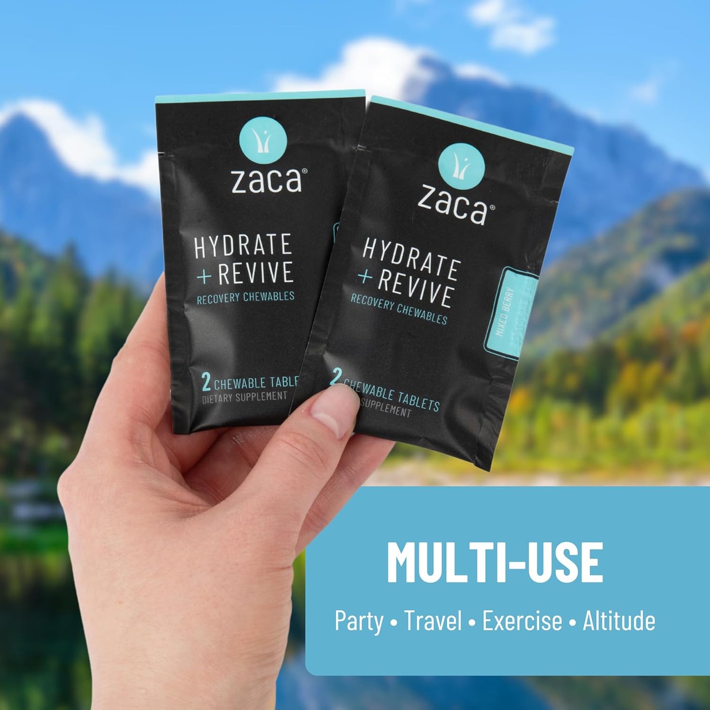 Zaca Recovery Chewable Supplement - Hydrate and Revive for Party, Travel, Exercise, and Altitude - Non-Sugar, Non-Gluten - Mixed Berry, 4 Tablets