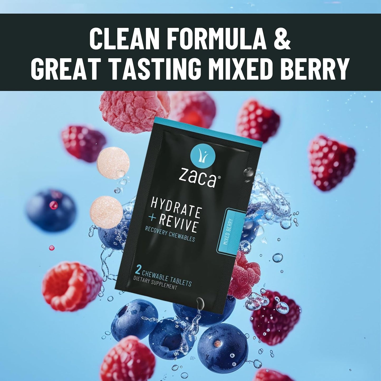 Zaca Recovery Chewable Supplement - Hydrate and Revive for Party, Travel, Exercise, and Altitude - Sugar Free, Gluten Free - Mixed Berry, 6 Packets of 12 Tablets