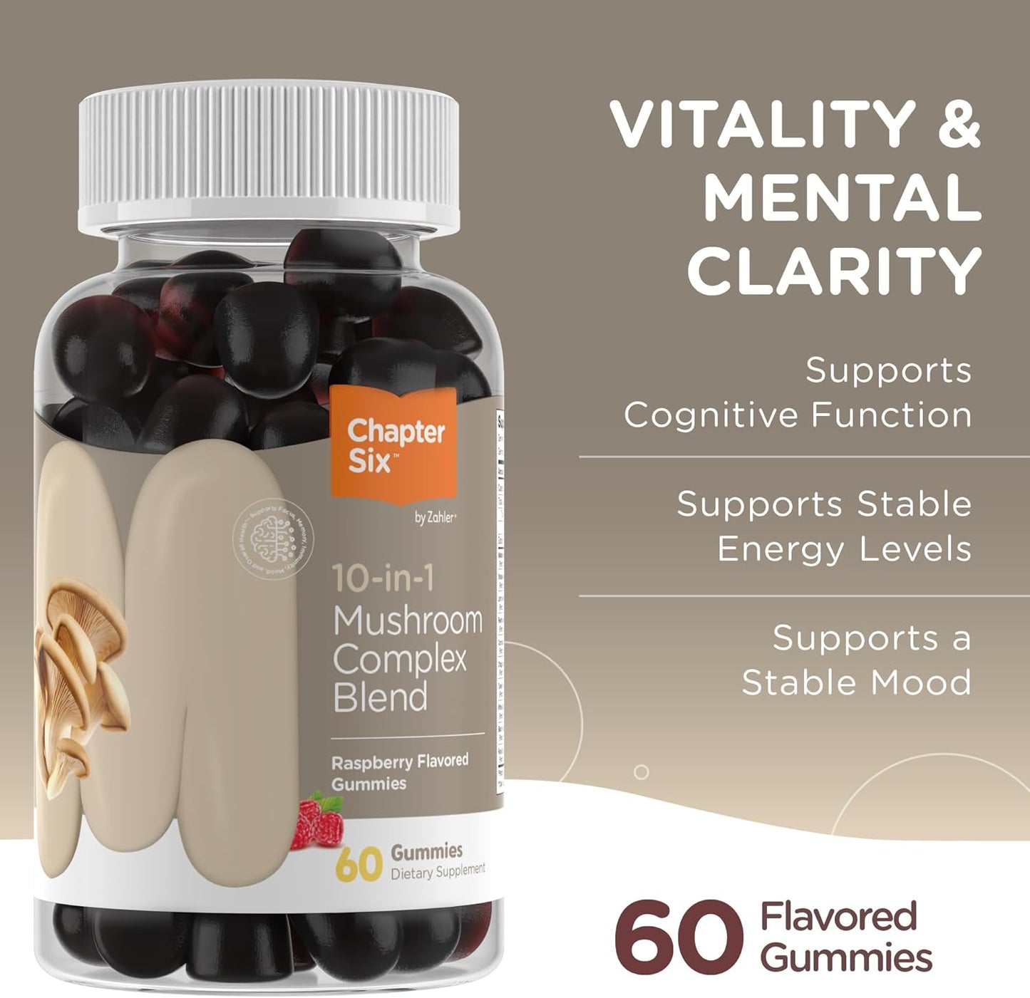 Zahler 10-in-1 Mushroom Gummies with Lions Mane, Reishi, Cordyceps, White Button, Plus 6 Adaptogenic Mushrooms - Raspberry Flavored - 60 Count