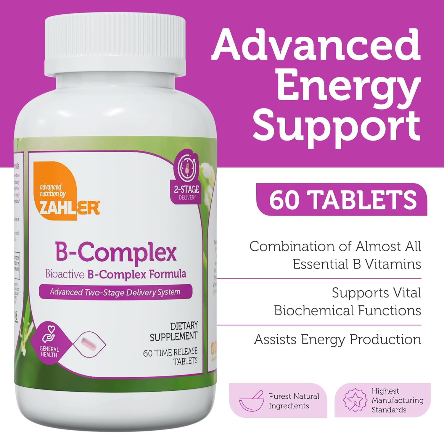 Zahler B-Complex Vitamins with 2-Stage Delivery System - Gluten Free & Non-GMO - B1 B2 B3 B5 B6 B7 B9 B12 - for Men & Women - 60 Tablets