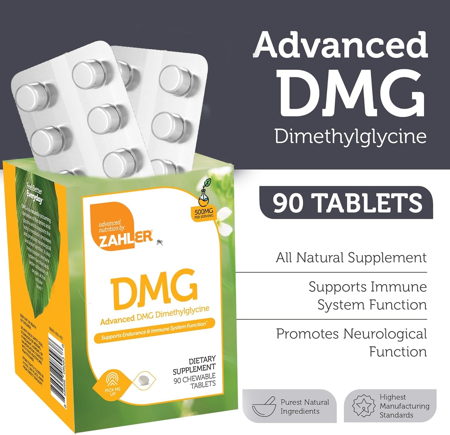 Zahler DMG 500mg Supplement for Endurance, Immune Support, and Brain Health - 90 Kosher Tablets - Amino Acid Glycine Formula for Nootropic Benefits