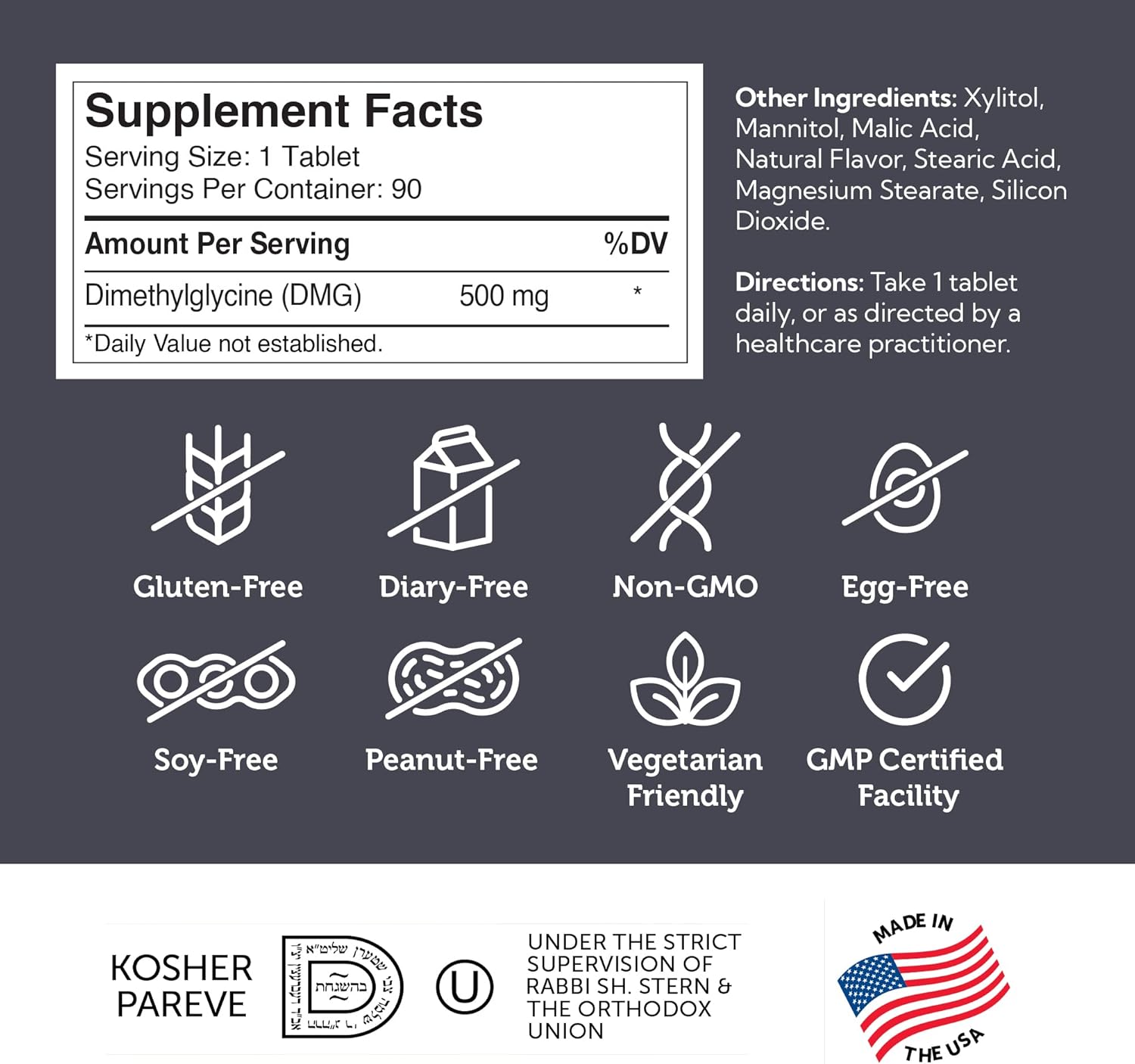 Zahler DMG 500mg Supplement for Endurance, Immune Support, and Brain Health - 90 Kosher Tablets - Amino Acid Glycine Formula for Nootropic Benefits