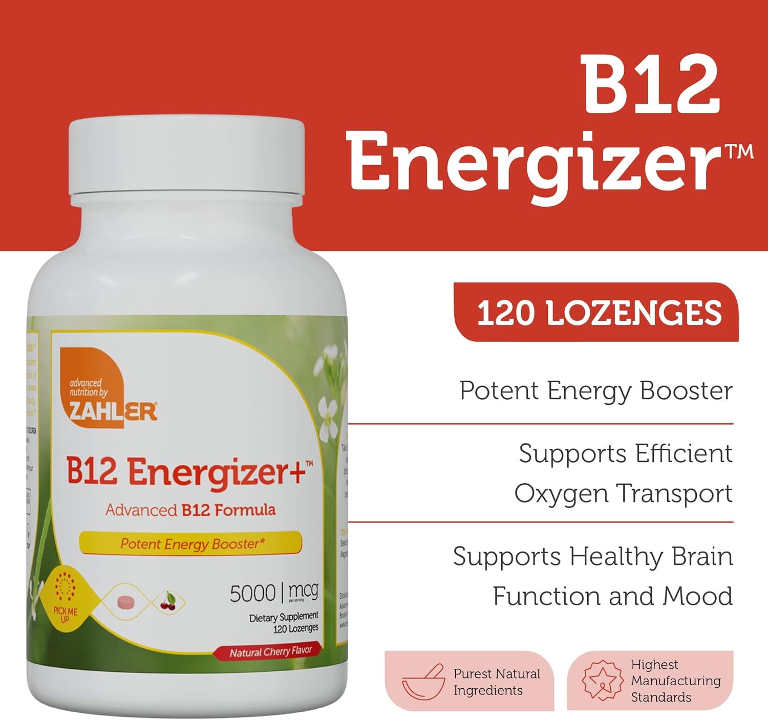Zahler Energizer+ 5000 mcg Vitamin B12 Cherry Lozenges - Kosher Gluten Free Energy Boost - USA Made (120 Count)
