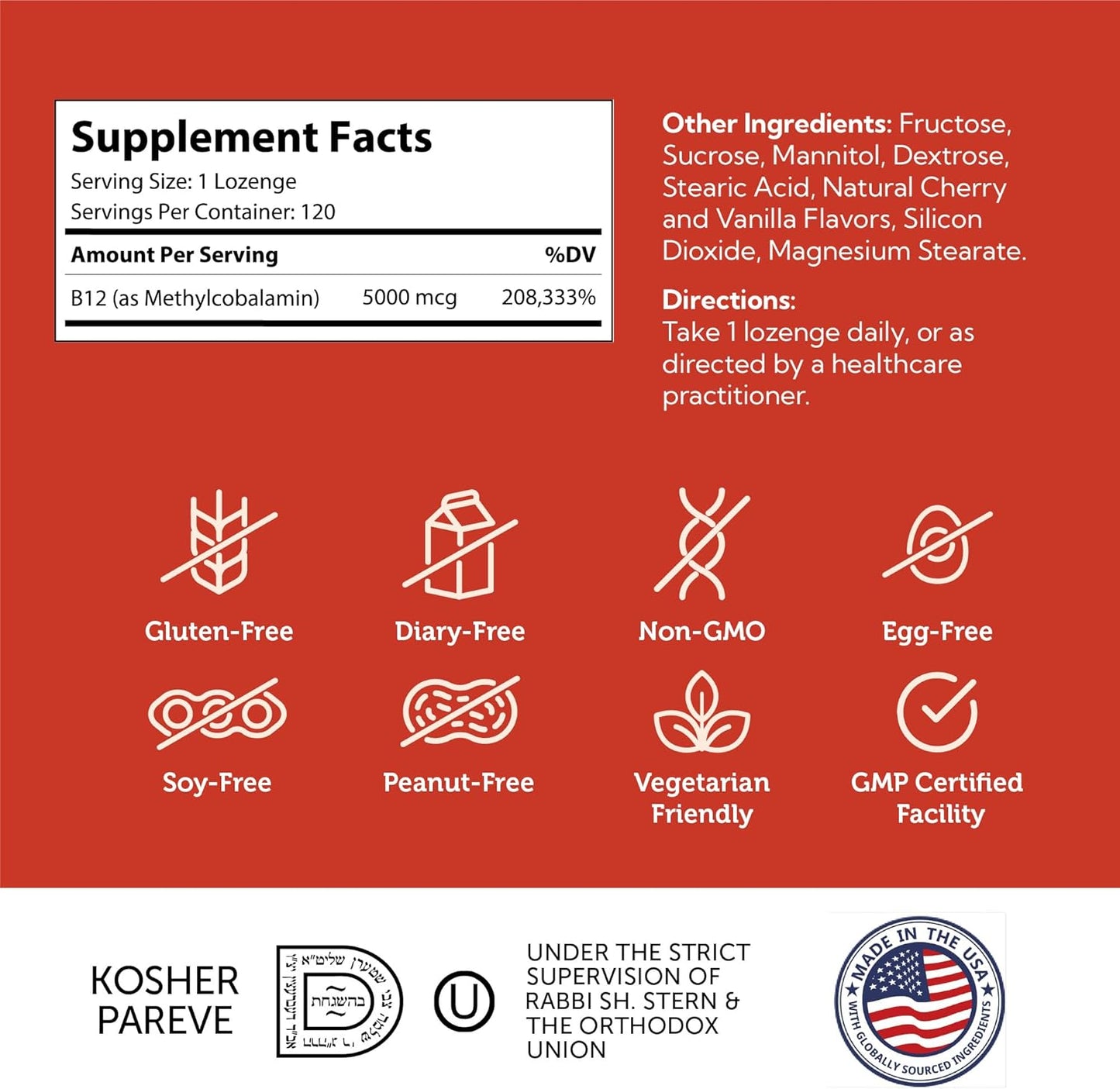 Zahler Energizer+ 5000 mcg Vitamin B12 Cherry Lozenges - Kosher Gluten Free Energy Boost - USA Made (120 Count)