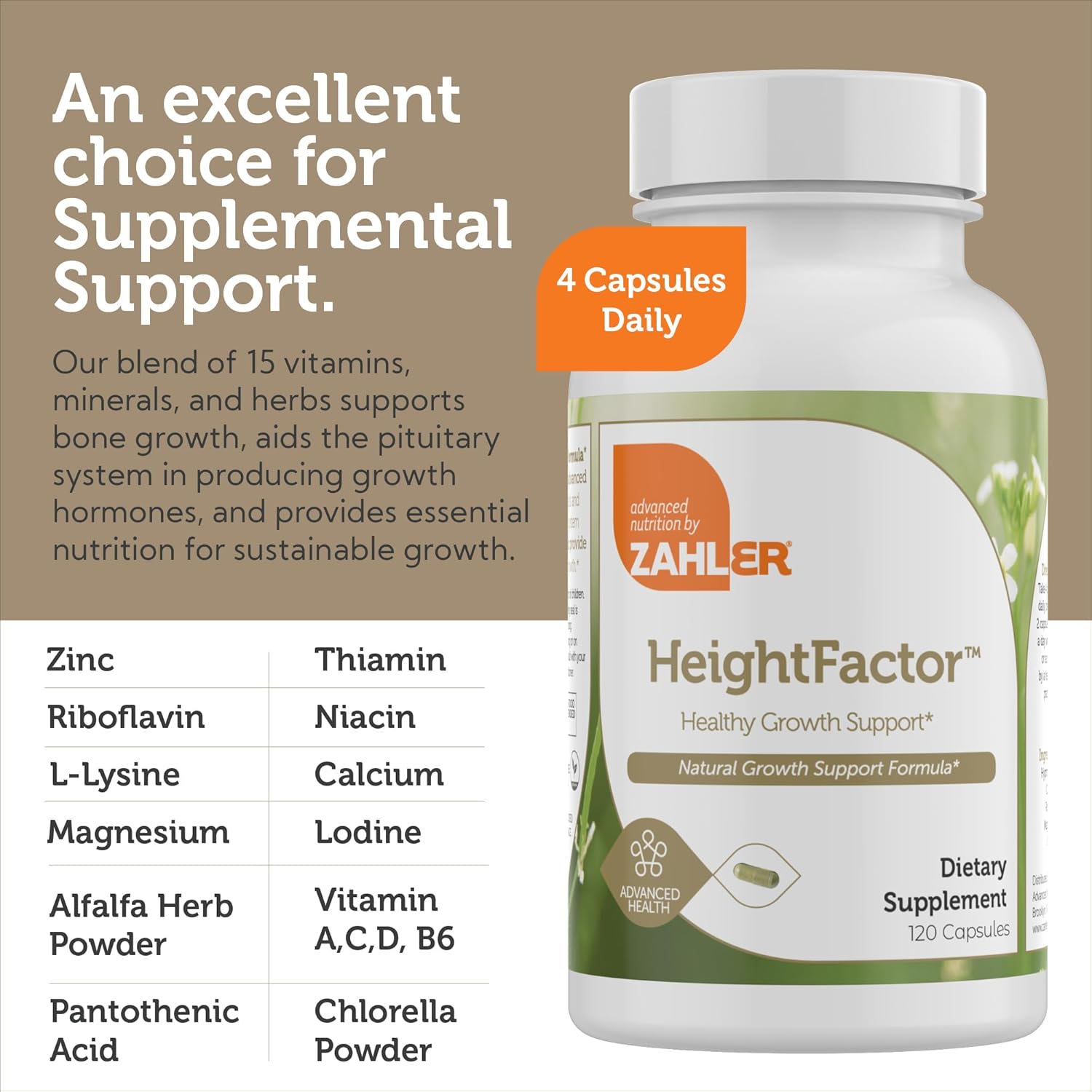 Zahler Height Factor Capsules - 120 Count Growth Support Vitamins for Kids, Teens, and Young Adults - Kosher Mineral Supplement for Healthy Growth & Taller Height - Hormone Support Nutrients