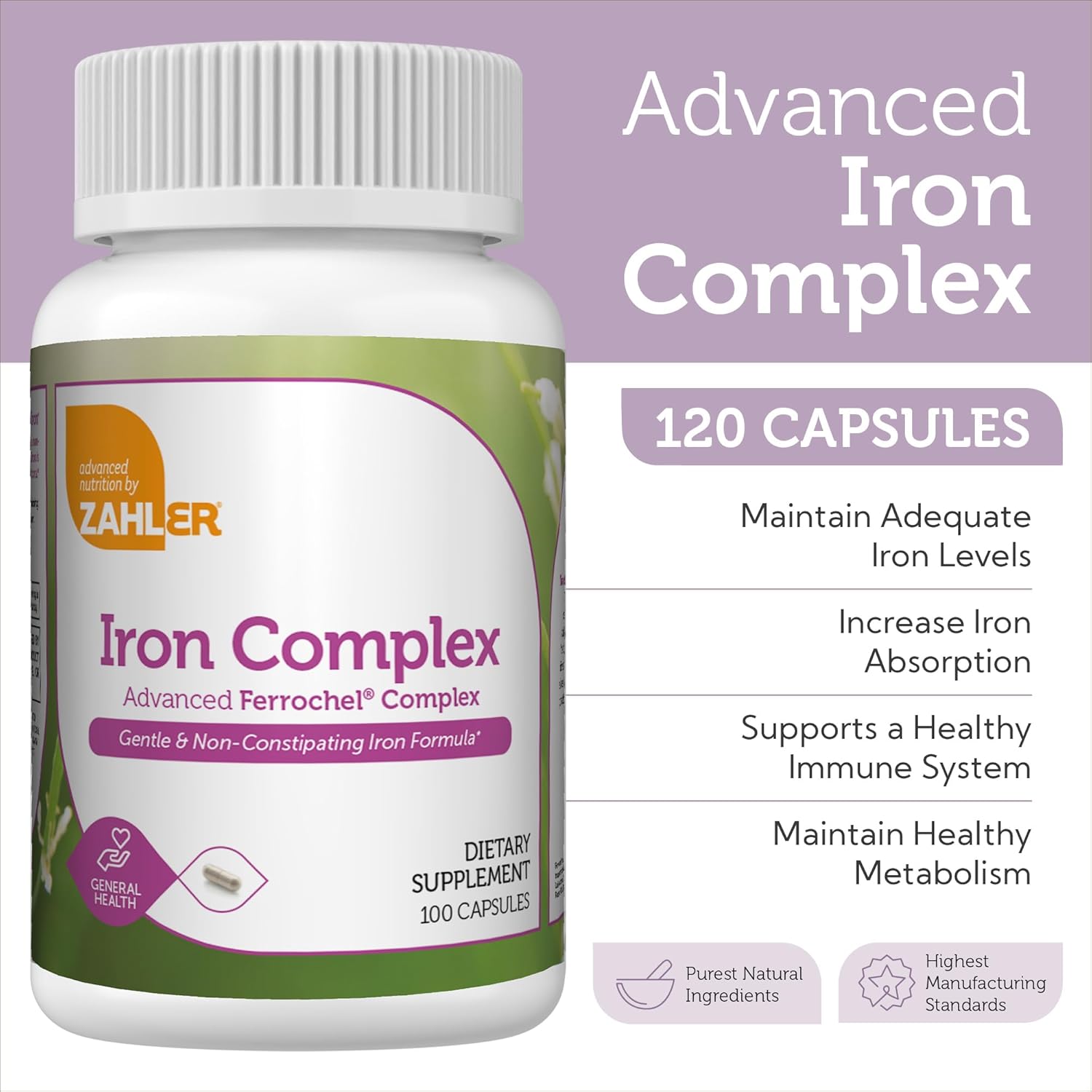 Zahler High Absorption Iron Supplement Capsules with Vitamin C for Men and Women - Kosher Ferrous Iron Pills with B12, Folate - 100 Count