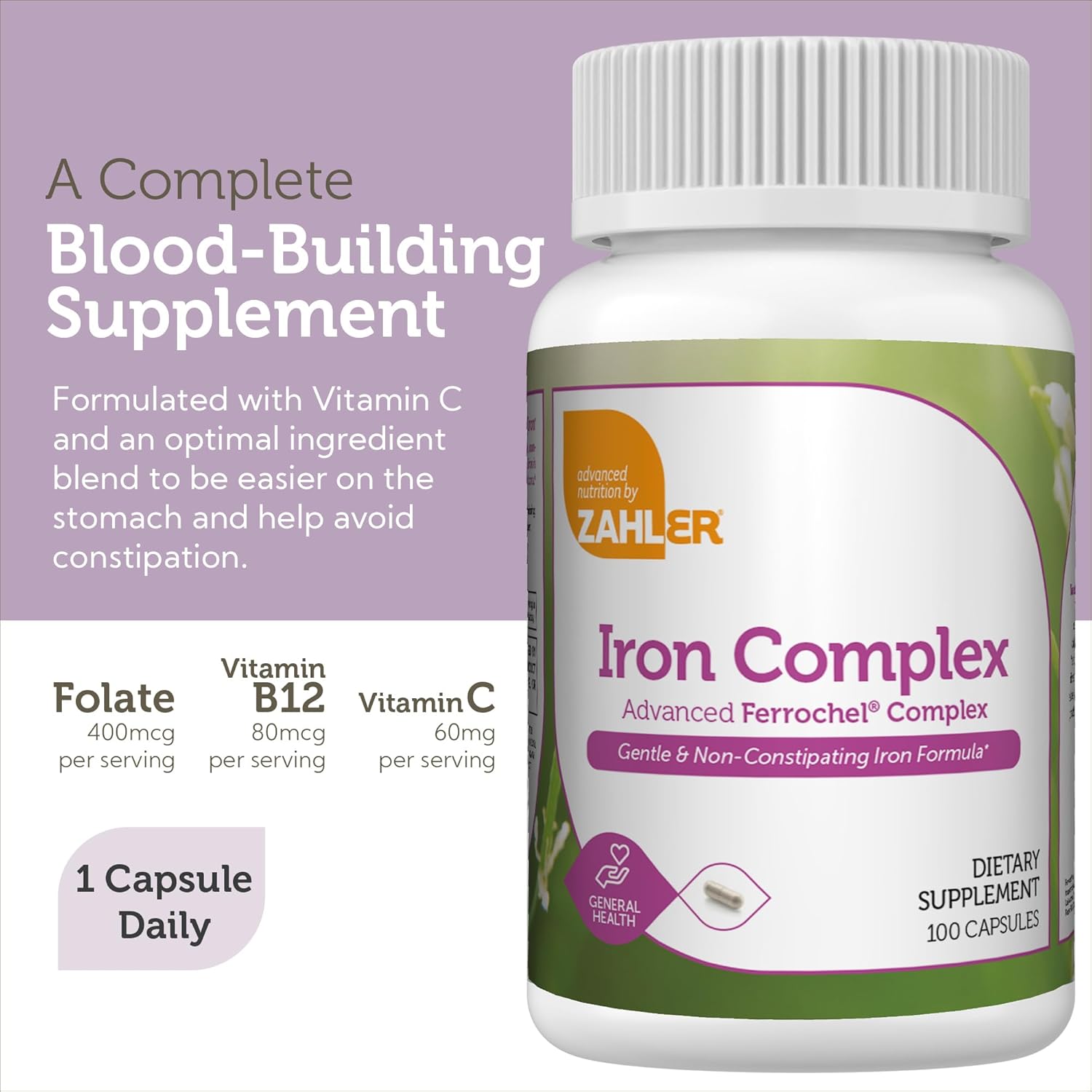 Zahler High Absorption Iron Supplement Capsules with Vitamin C for Men and Women - Kosher Ferrous Iron Pills with B12, Folate - 100 Count