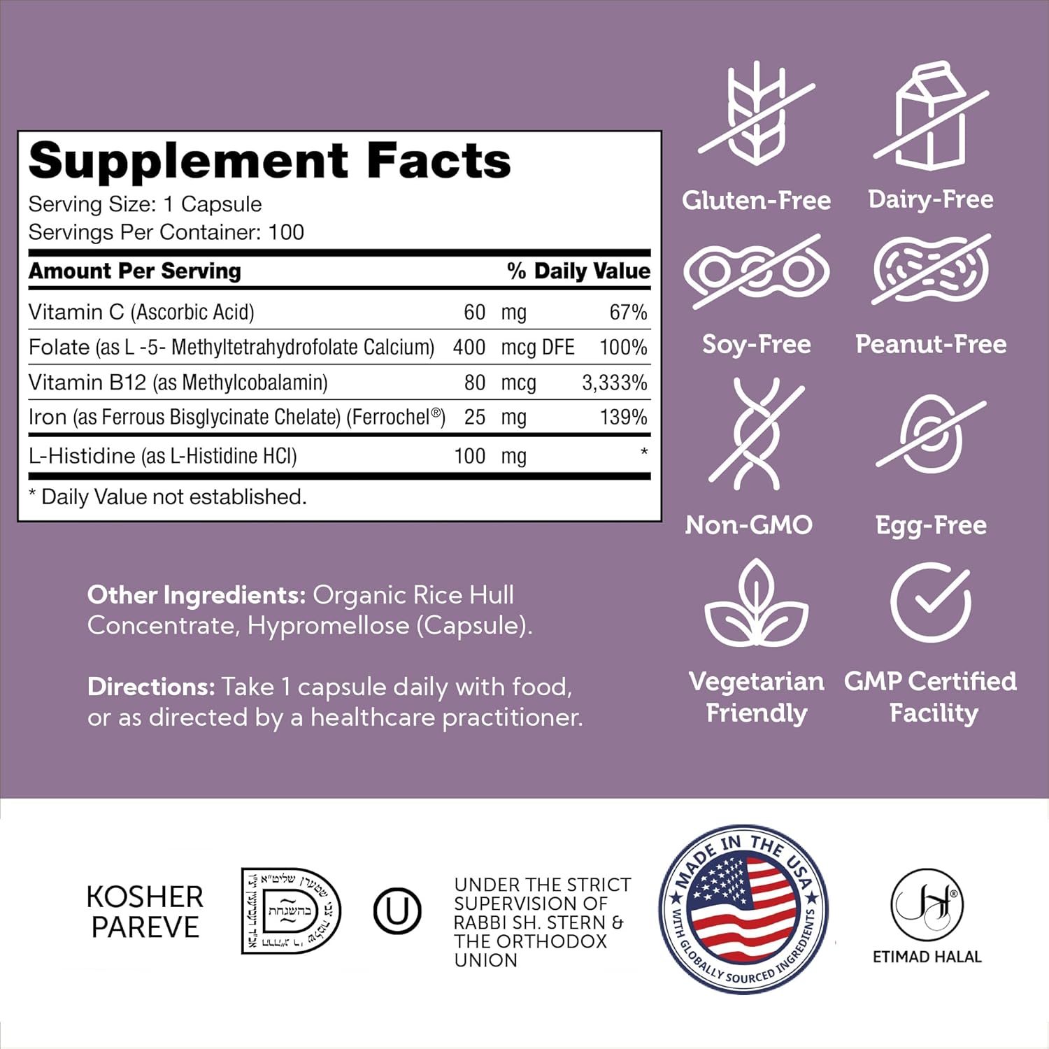 Zahler High Absorption Iron Supplement Capsules with Vitamin C for Men and Women - Kosher Ferrous Iron Pills with B12, Folate - 100 Count