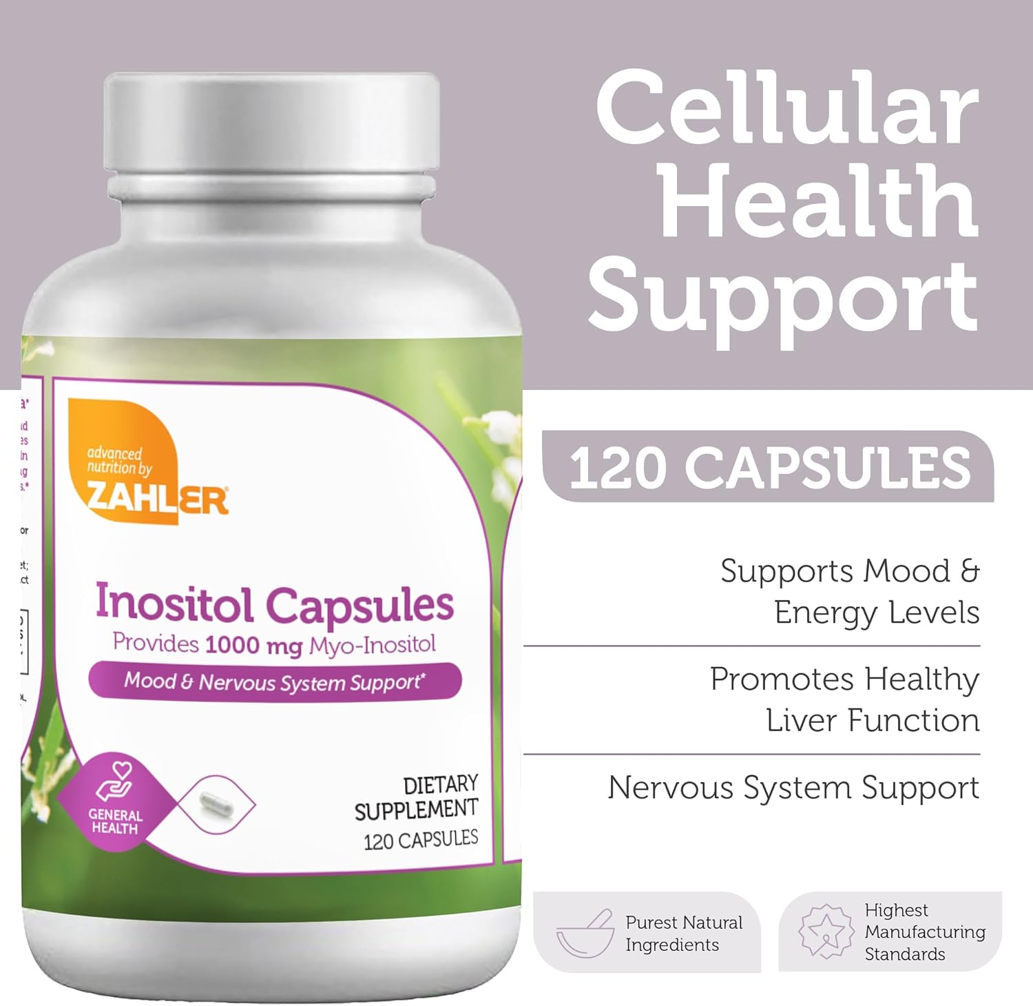 Zahler Inositol 1000mg Capsules - Women's Mood & Nervous System Support - Hormone Balance & Ovarian Function - 120 Count - Kosher, Gluten Free, Dairy Free