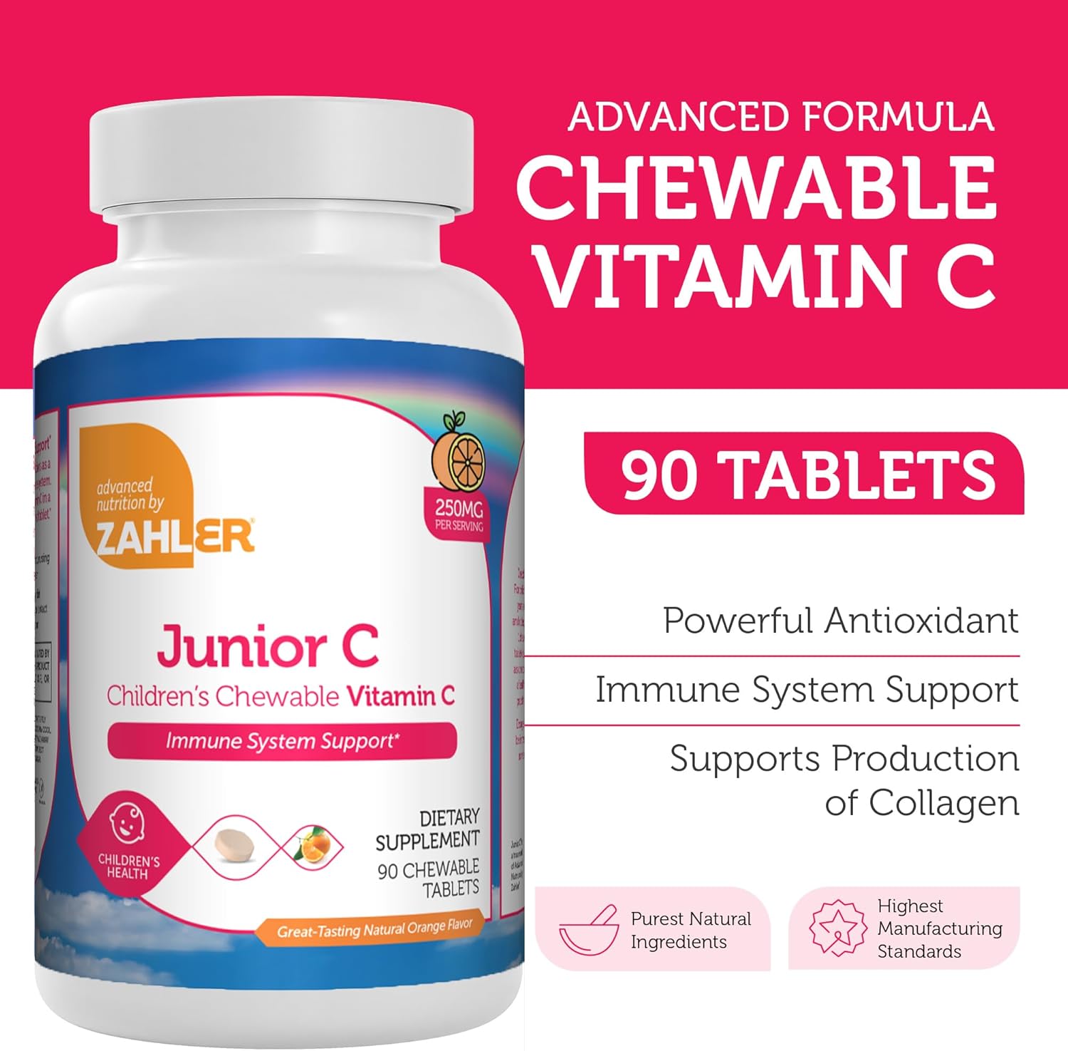 Zahler Junior C Advanced Chewable Vitamin C for Kids - Immune Support in Orange Flavor - Kosher Kids Antioxidant Supplement (90 Count)