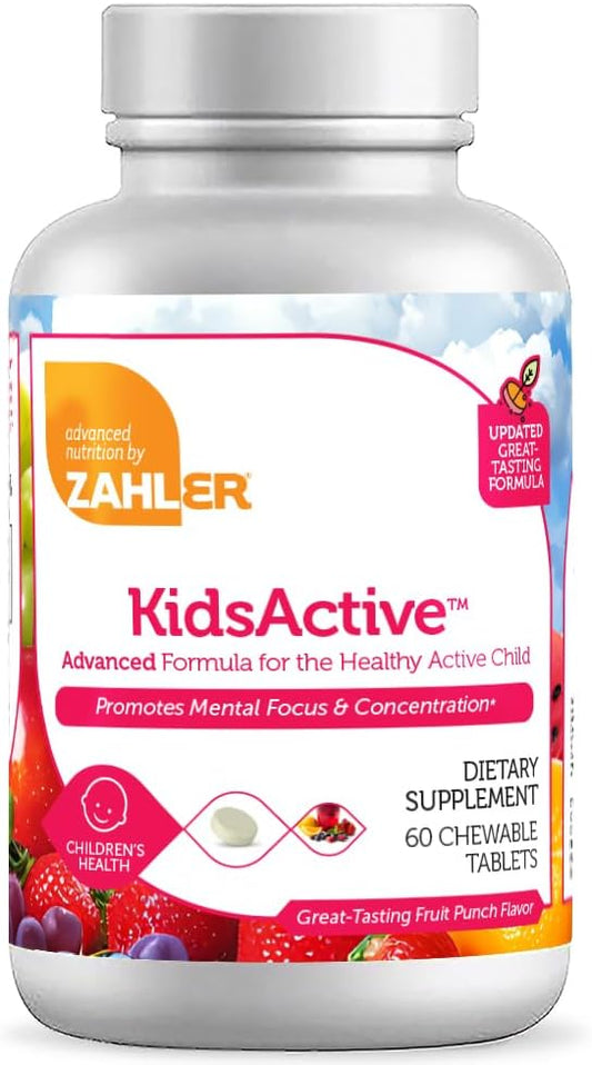 Zahler KidsActive: All Natural Concentration Formula for Kids - 180 Fruit Punch Flavored Chewable Tablets, Certified Kosher