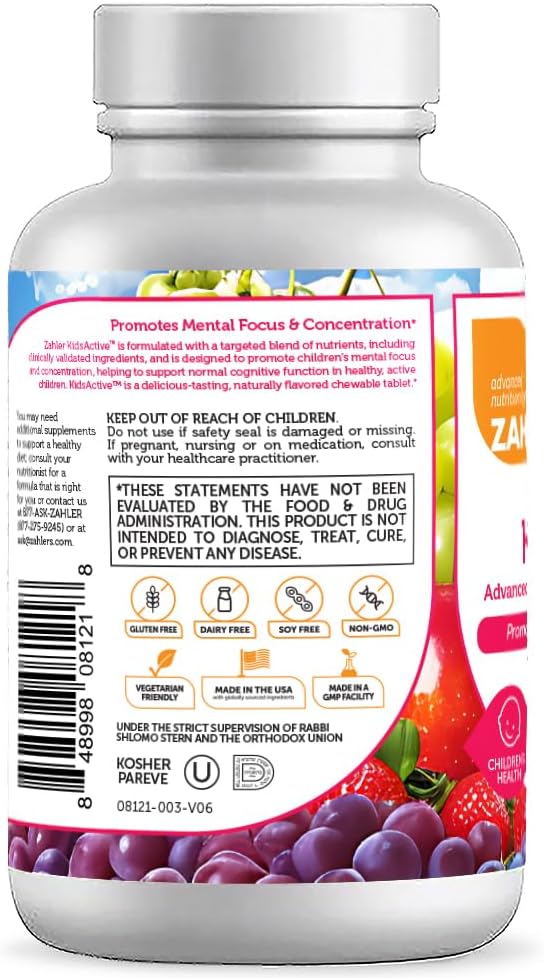 Zahler KidsActive: All Natural Concentration Formula for Kids - 180 Fruit Punch Flavored Chewable Tablets, Certified Kosher