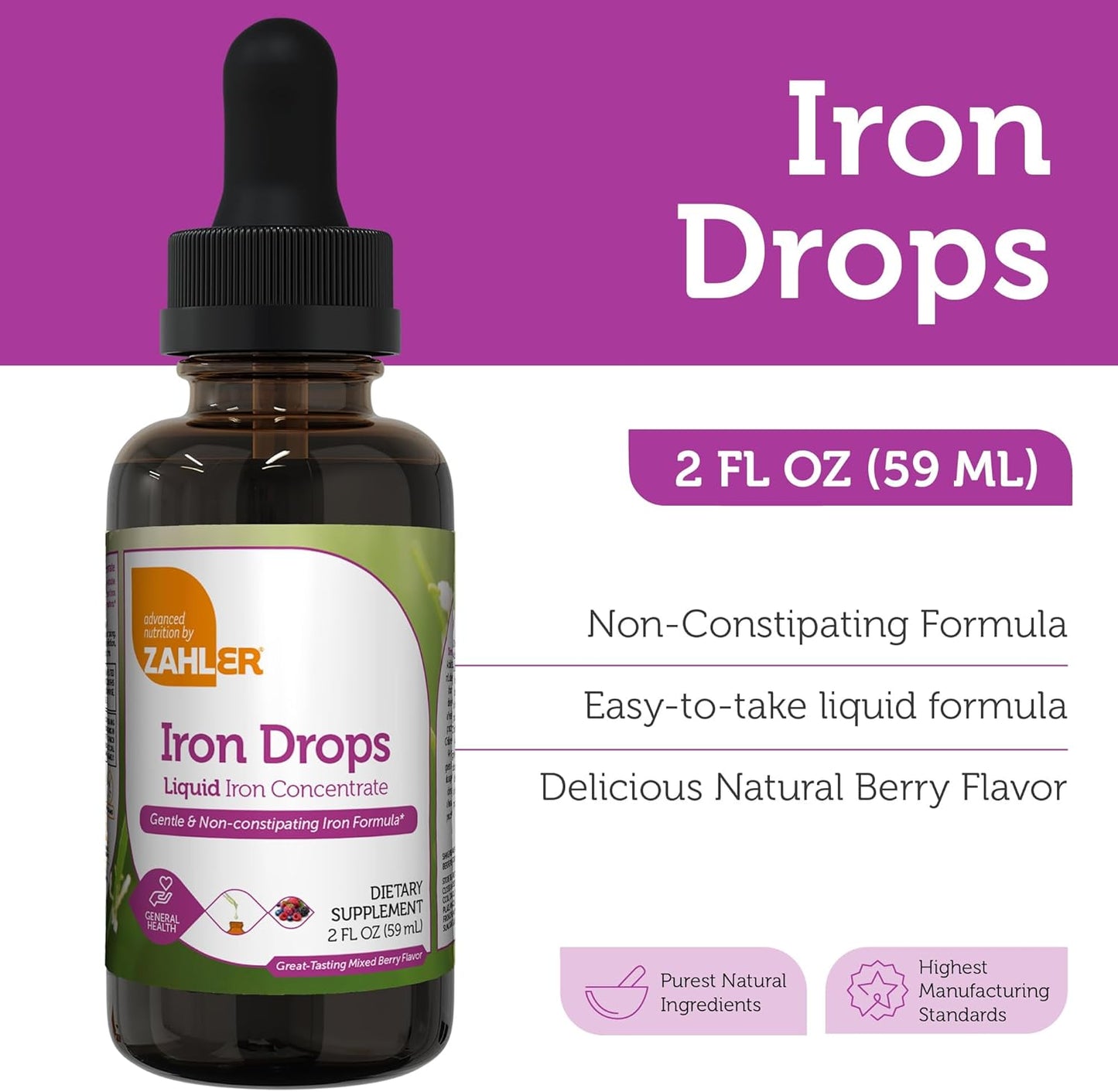 Zahler Liquid Iron Drops, 2 Fl OZ - Gentle & Non-Constipating Iron Supplement