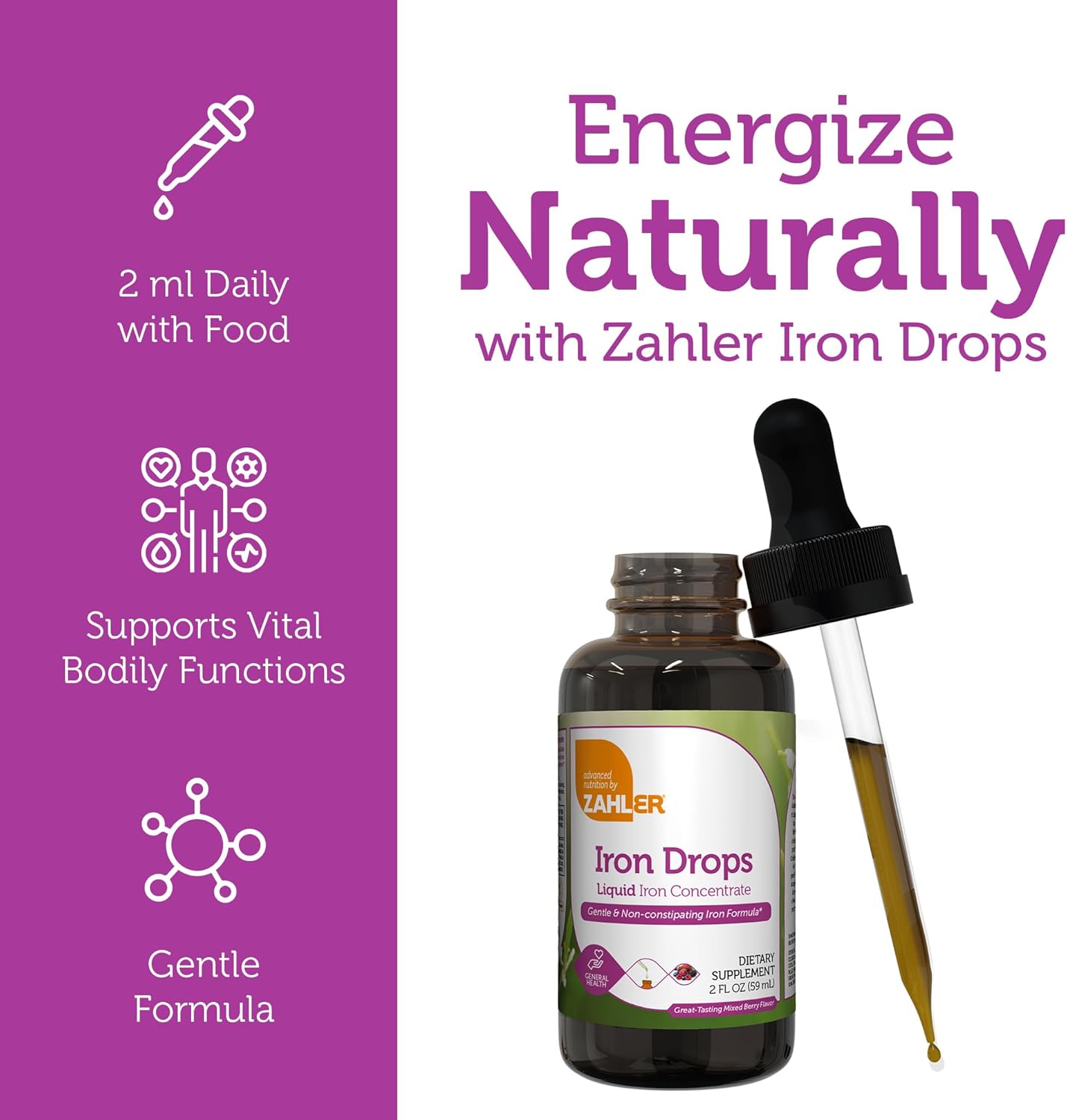 Zahler Liquid Iron Drops, 2 Fl OZ - Gentle & Non-Constipating Iron Supplement