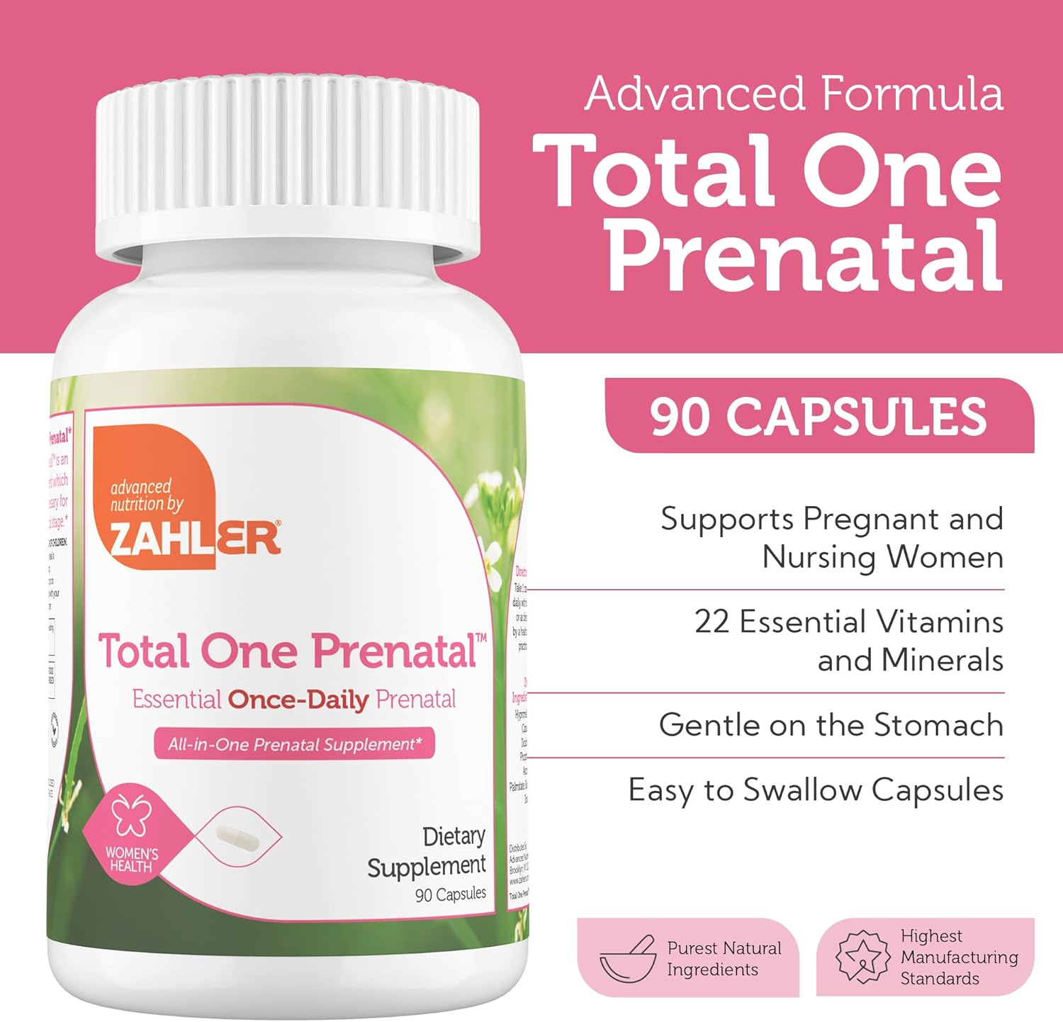 Zahler Total One Prenatal Vitamins for Women - 90 Count Daily Multi Vitamin with Folic Acid, Iron, Zinc & Essential Minerals - Kosher Prenatal Capsules