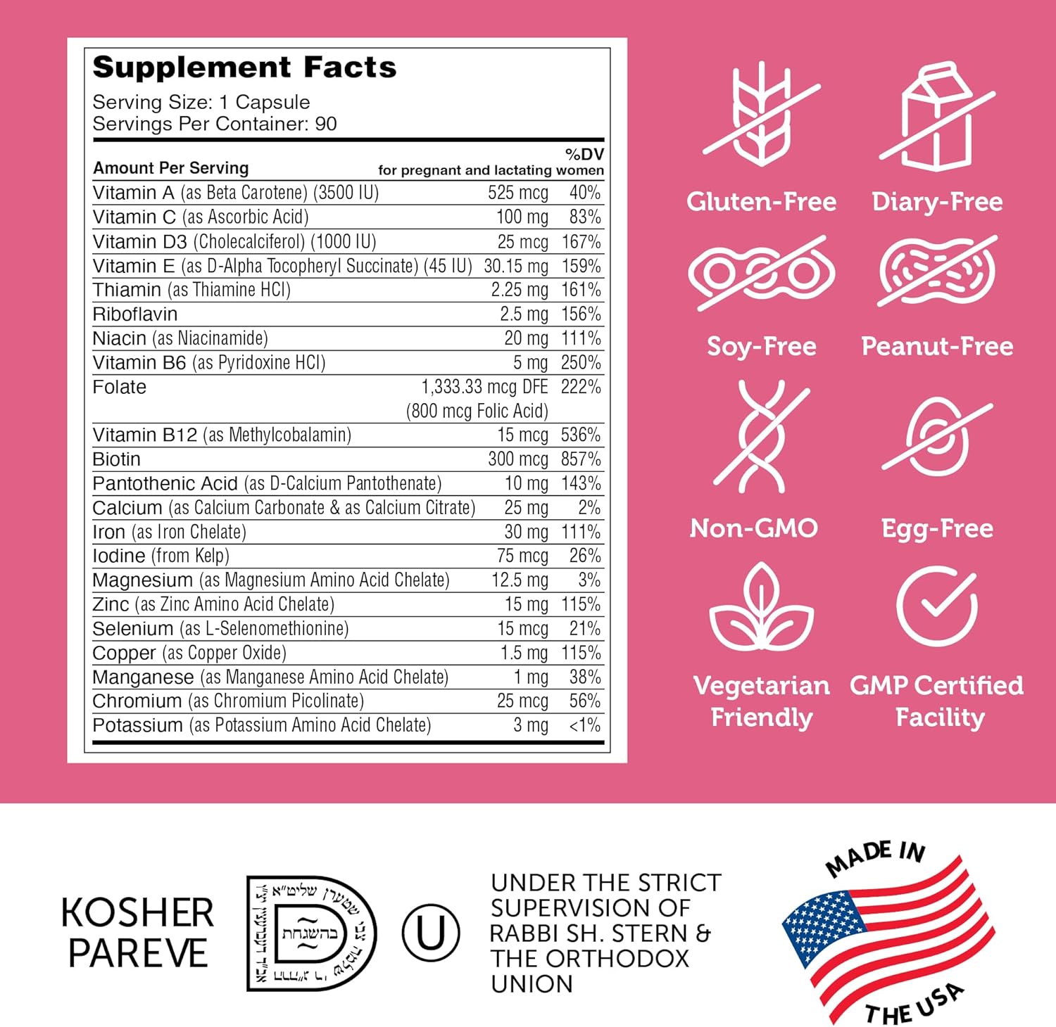 Zahler Total One Prenatal Vitamins for Women - 90 Count Daily Multi Vitamin with Folic Acid, Iron, Zinc & Essential Minerals - Kosher Prenatal Capsules
