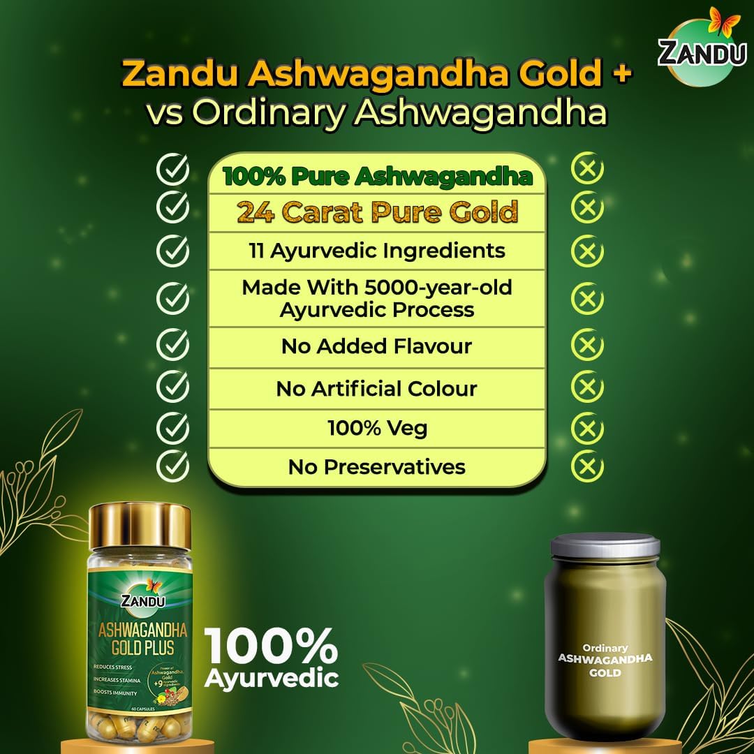Zandu Ashwagandha Gold Plus Capsules with Ayurvedic Ingredients for Stamina and Immunity, 60 Count