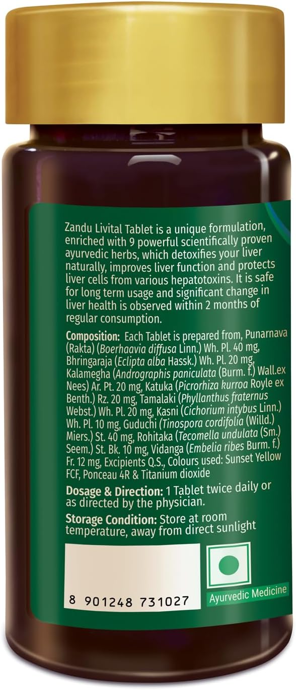 Zandu Livital Tablets: 100% Ayurvedic Ingredients for Liver Protection, Fatty Liver Relief, Digestion Support, and Detox - 60 Tablets