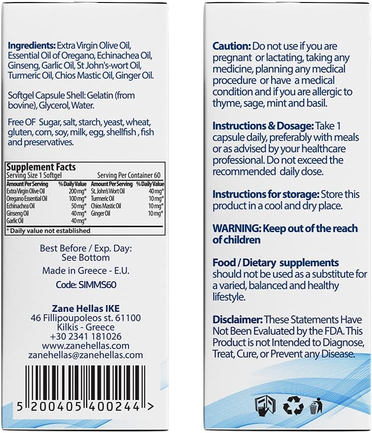 Zane Hellas Immune Premium Softgels - Powerful Antioxidant Support for Wellness - 100% Herbal Solution - 60 Softgels