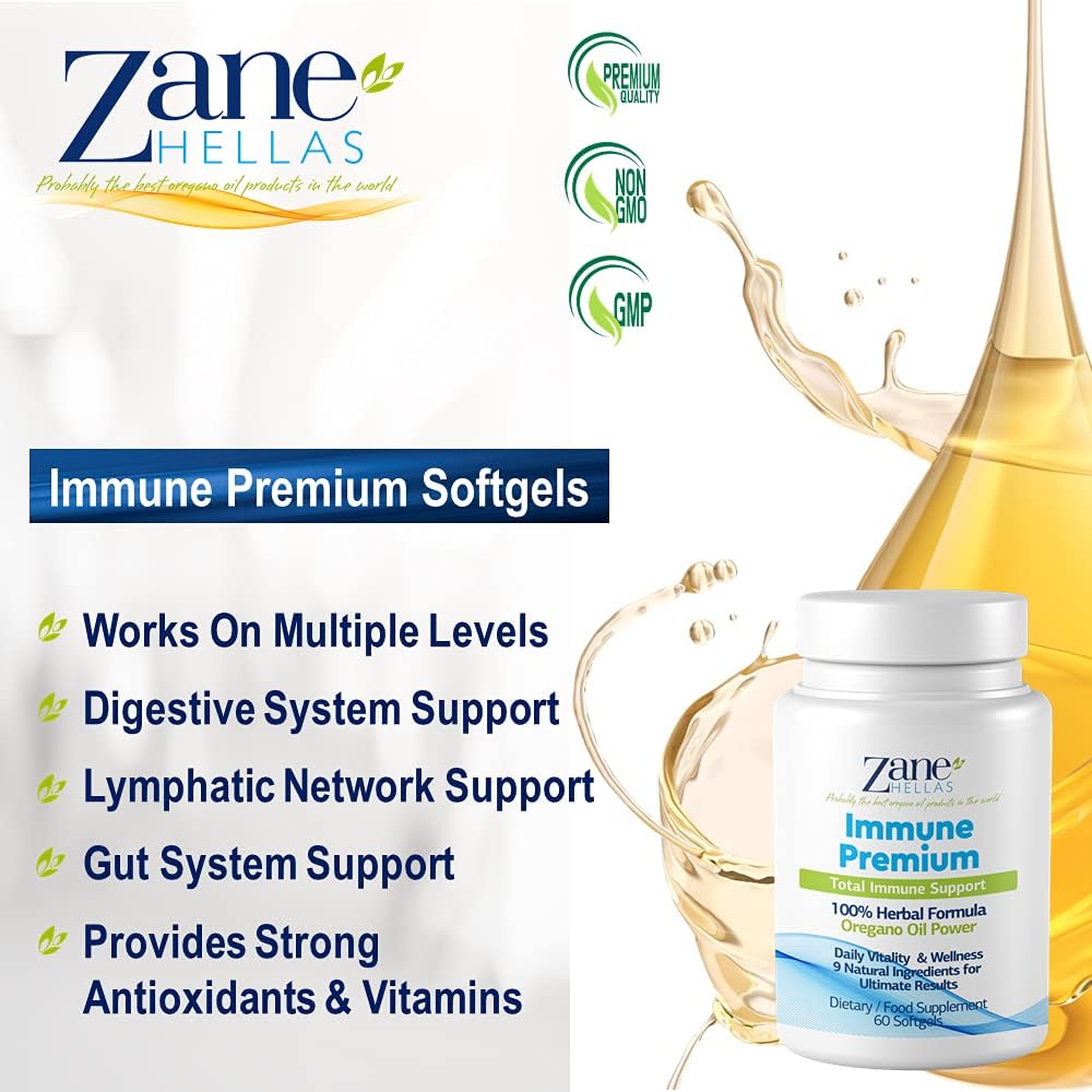Zane Hellas Immune Premium Softgels - Powerful Antioxidant Support for Wellness - 100% Herbal Solution - 60 Softgels