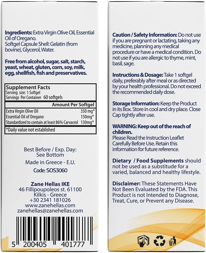 Zane Hellas Oregano Oil Softgels - 130mg Carvacrol, 150mg Oregano Oil, Highest Concentration, Greek Essential Oil, 240 Softgels