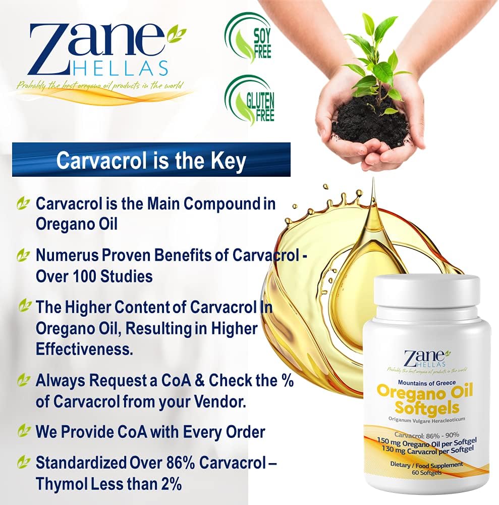 Zane Hellas Oregano Oil Softgels - 130mg Carvacrol, 150mg Oregano Oil, Highest Concentration, Greek Essential Oil, 240 Softgels