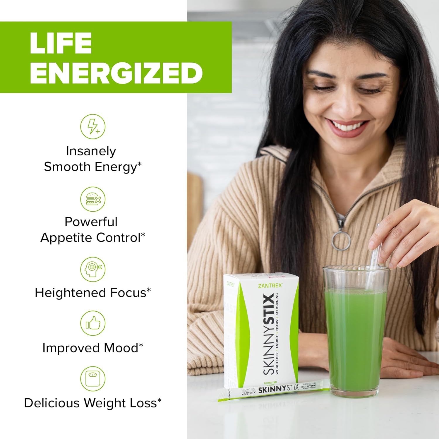 Zantrex SkinnyStix Energy Drink Mix with Antioxidants - 30 Packets, Lime Flavor, Boosts Focus, Fat Burn, Weight Loss, and Energy with Only 10 Calories