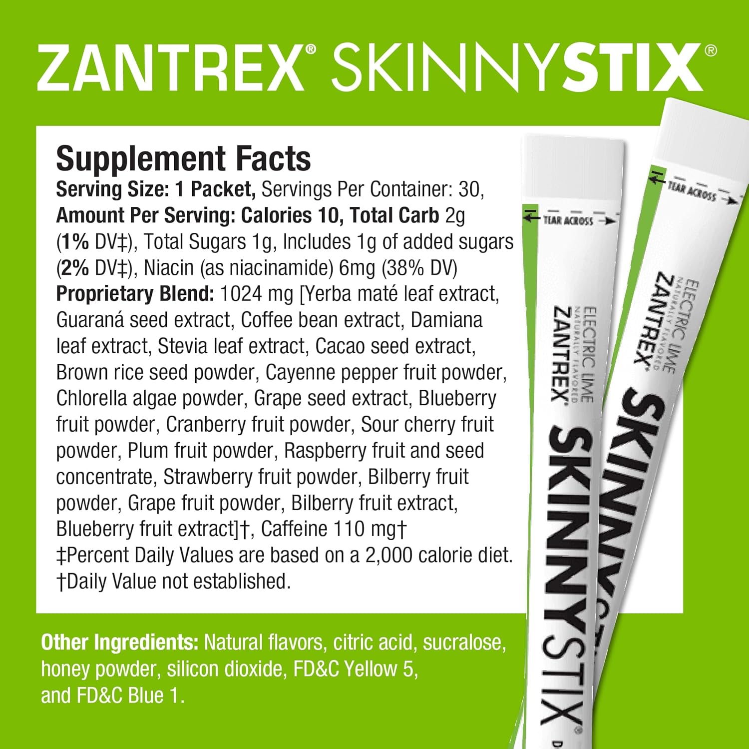 Zantrex SkinnyStix Energy Drink Mix with Antioxidants - 30 Packets, Lime Flavor, Boosts Focus, Fat Burn, Weight Loss, and Energy with Only 10 Calories