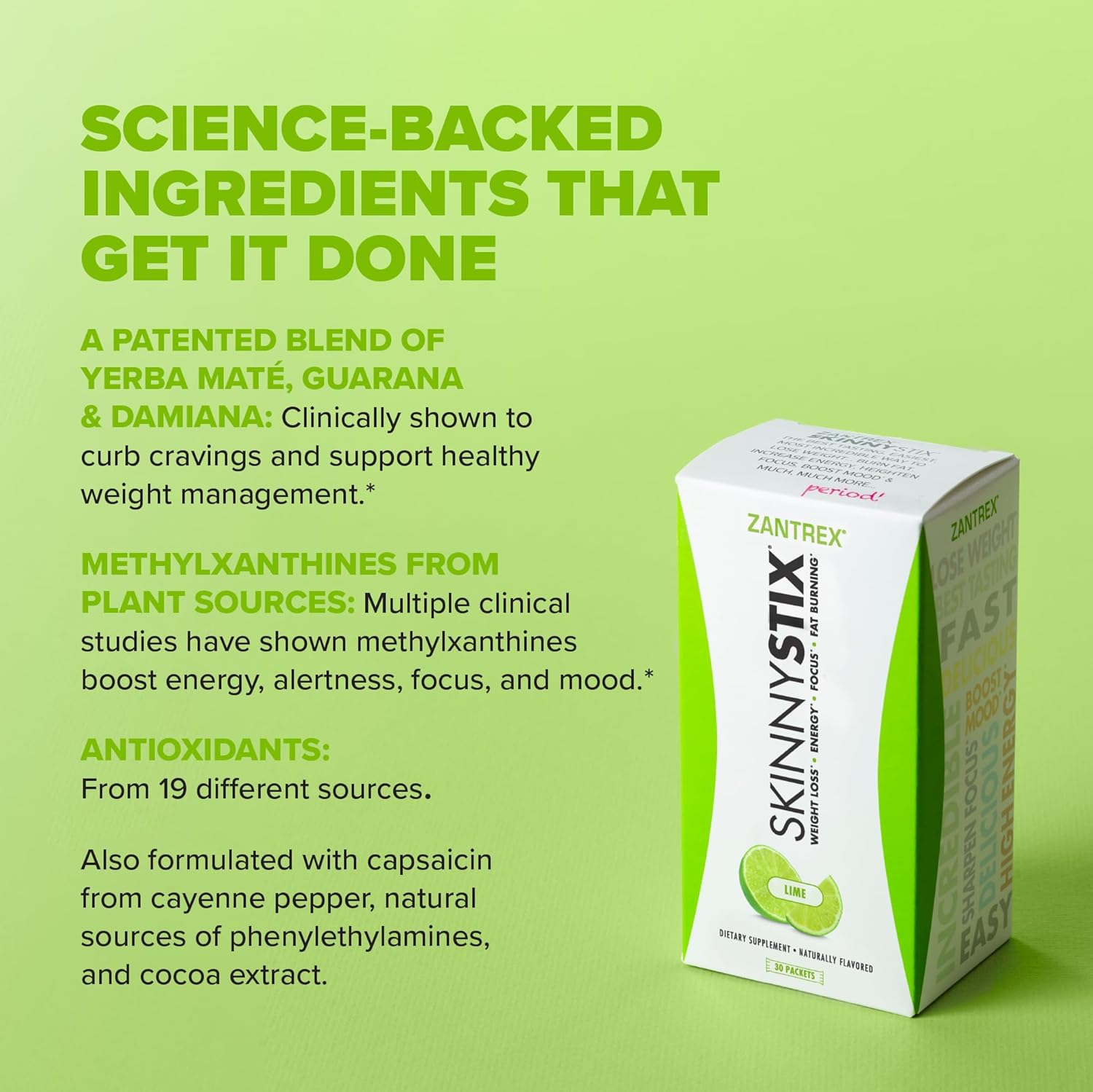 Zantrex SkinnyStix Energy Drink Mix with Antioxidants - 30 Packets, Lime Flavor, Boosts Focus, Fat Burn, Weight Loss, and Energy with Only 10 Calories