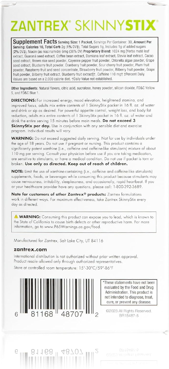 Zantrex SkinnyStix Energy Drink Mix with Antioxidants - 30 Packets, Lime Flavor, Boosts Focus, Fat Burn, Weight Loss, and Energy with Only 10 Calories