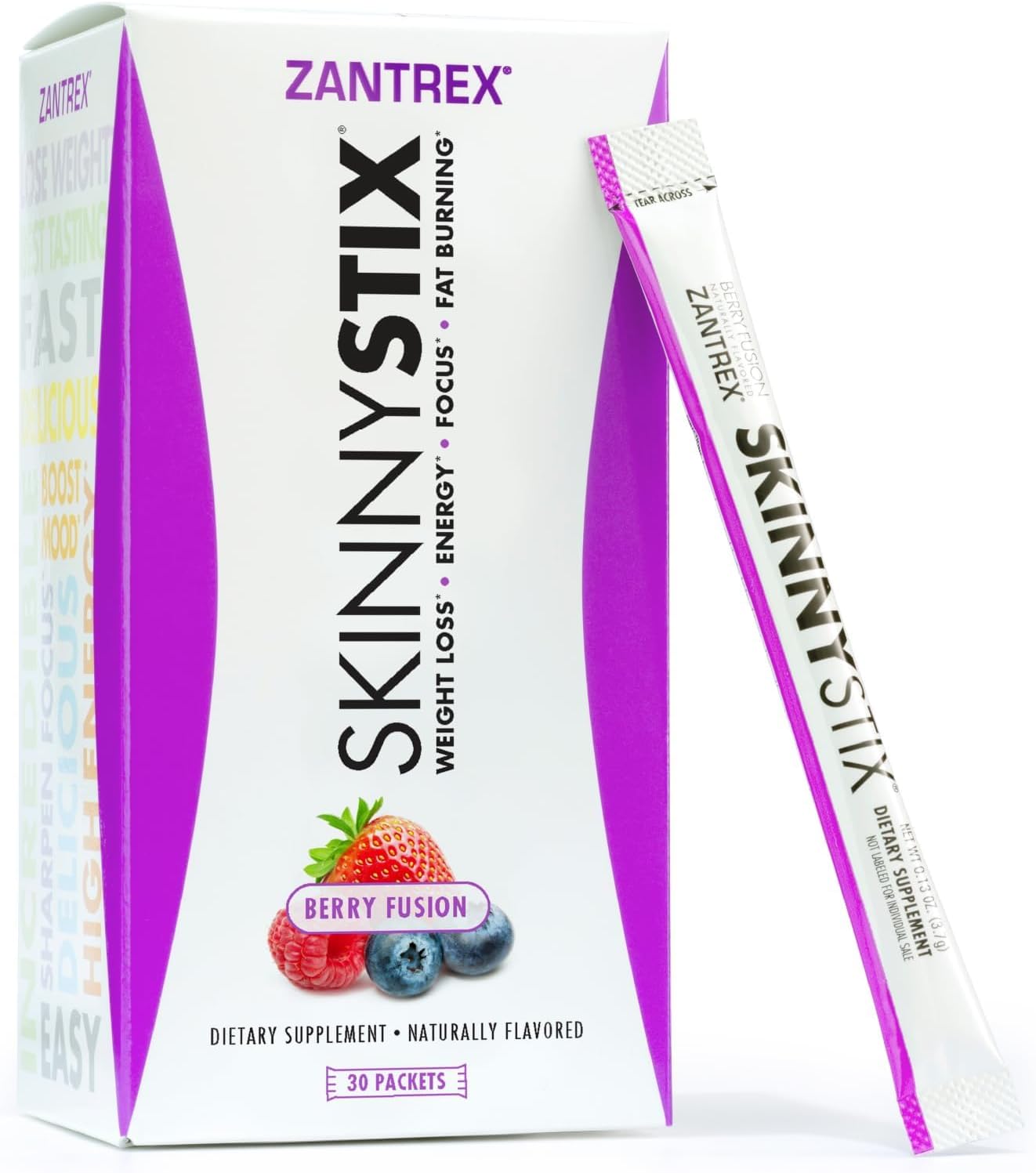 Zantrex SkinnyStix Energy Powder - Weight Loss, Appetite Control, Mood Enhancement - 10 Calories - Yerba Mate & Coffee Bean - 30 Sticks, Berry Flavor