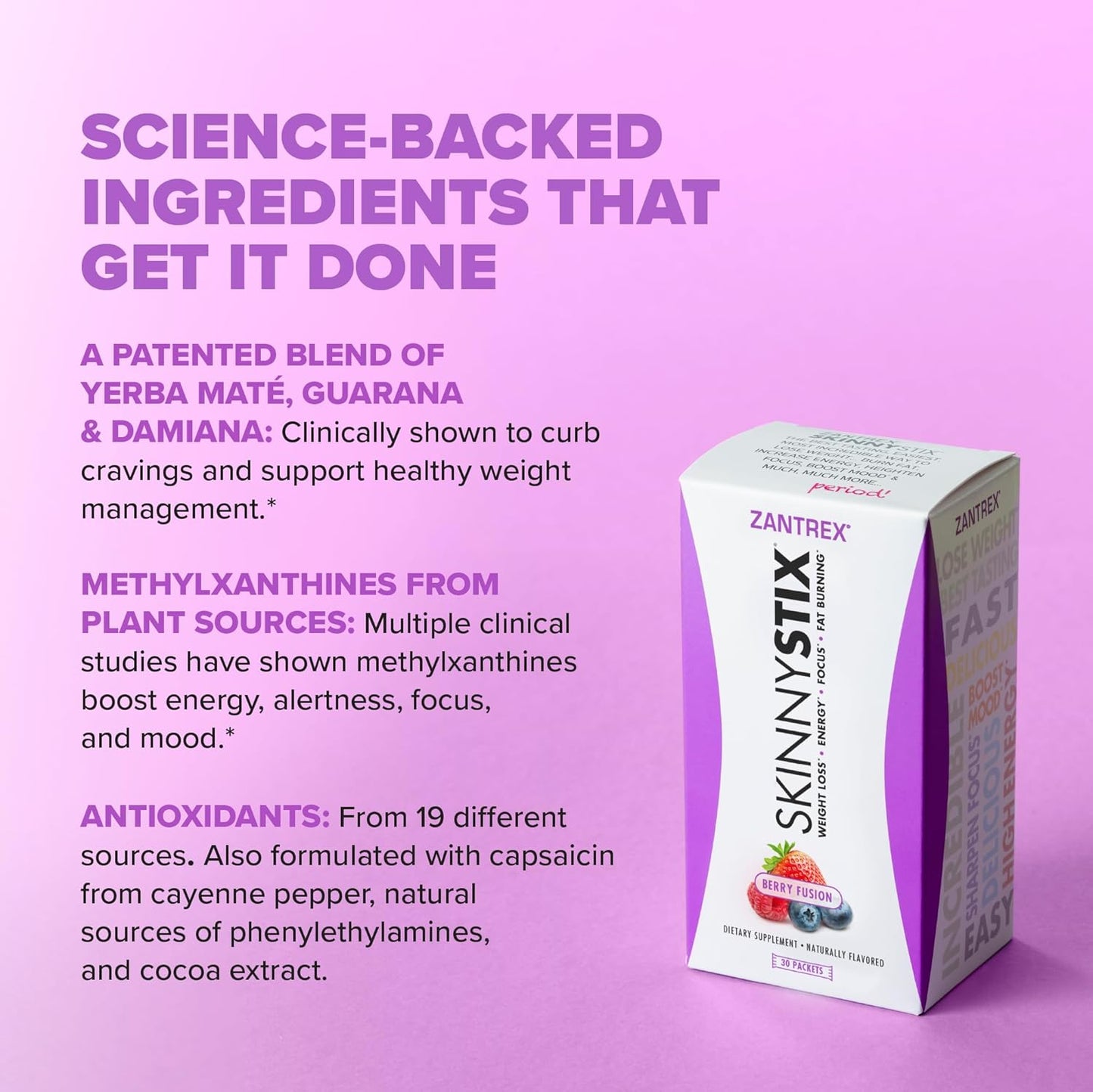 Zantrex SkinnyStix Energy Powder - Weight Loss, Appetite Control, Mood Enhancement - 10 Calories - Yerba Mate & Coffee Bean - 30 Sticks, Berry Flavor