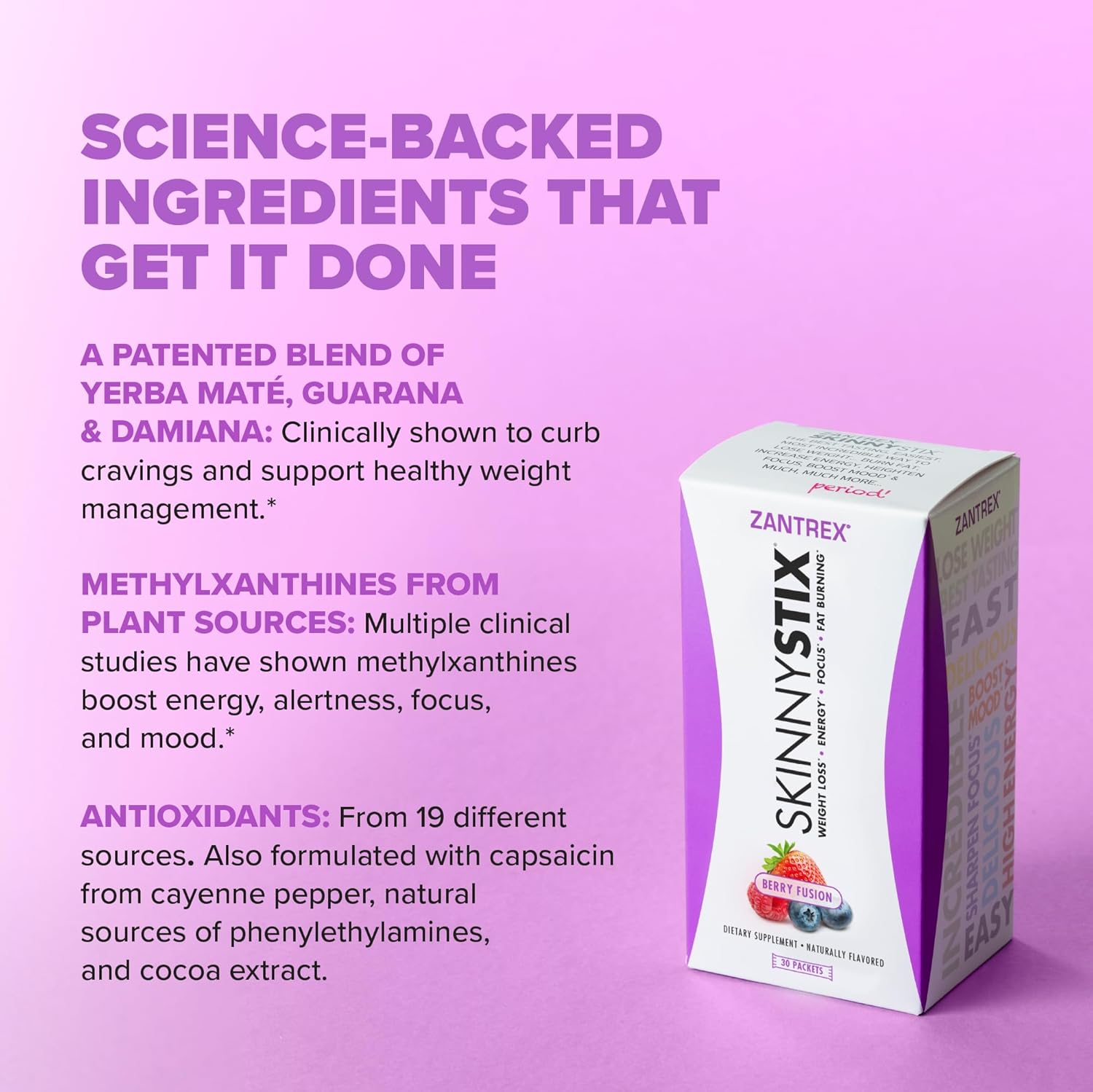 Zantrex SkinnyStix Energy Powder - Weight Loss, Appetite Control, Mood Enhancement - 10 Calories - Yerba Mate & Coffee Bean - 30 Sticks, Berry Flavor