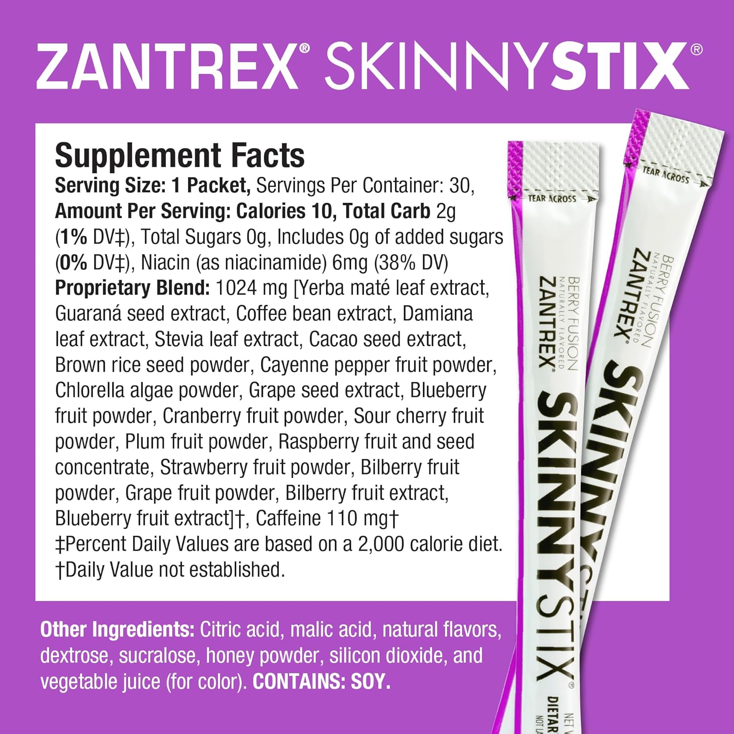 Zantrex SkinnyStix Energy Powder - Weight Loss, Appetite Control, Mood Enhancement - 10 Calories - Yerba Mate & Coffee Bean - 30 Sticks, Berry Flavor