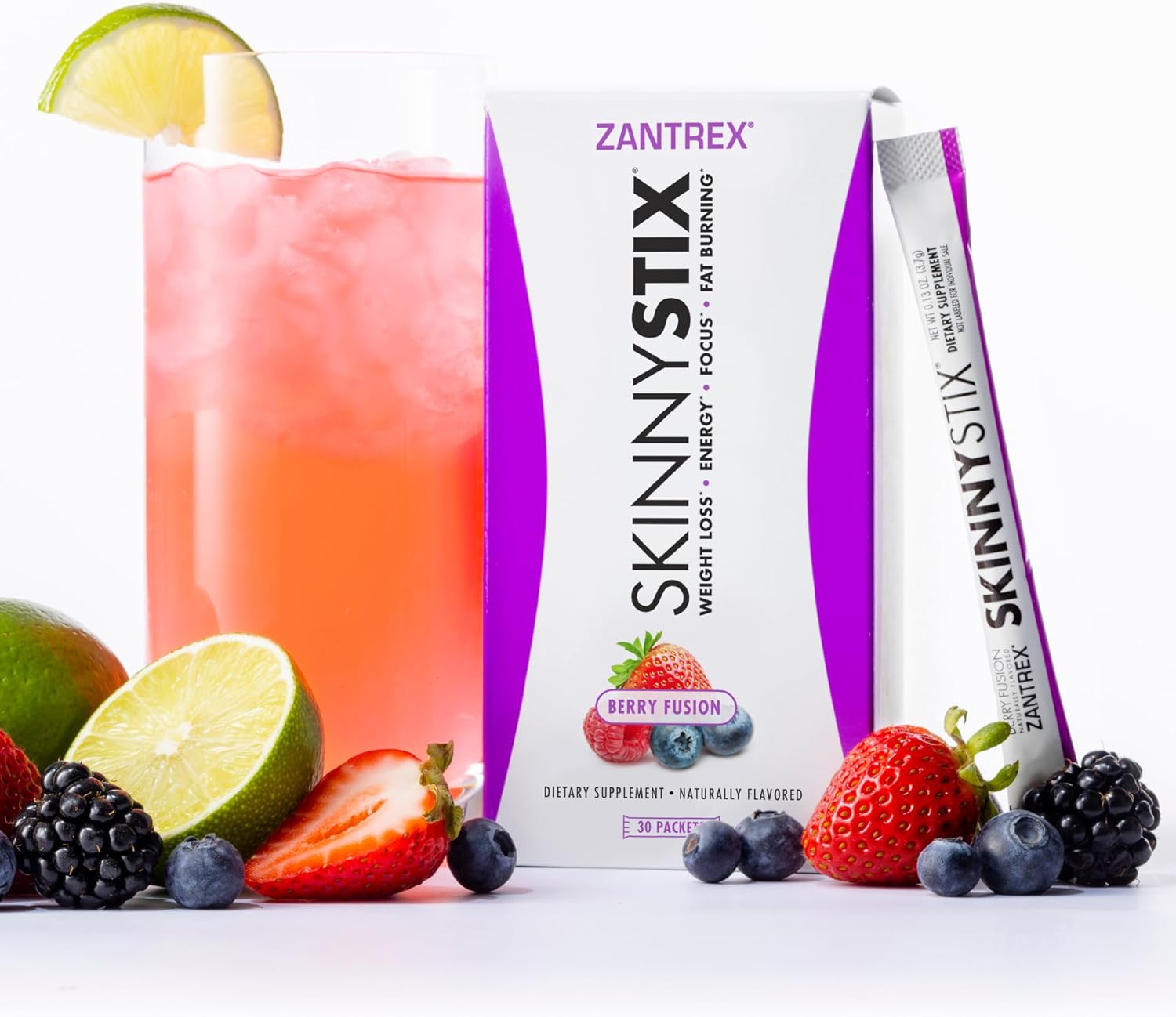 Zantrex SkinnyStix Energy Powder - Weight Loss, Appetite Control, Mood Enhancement - 10 Calories - Yerba Mate & Coffee Bean - 30 Sticks, Berry Flavor