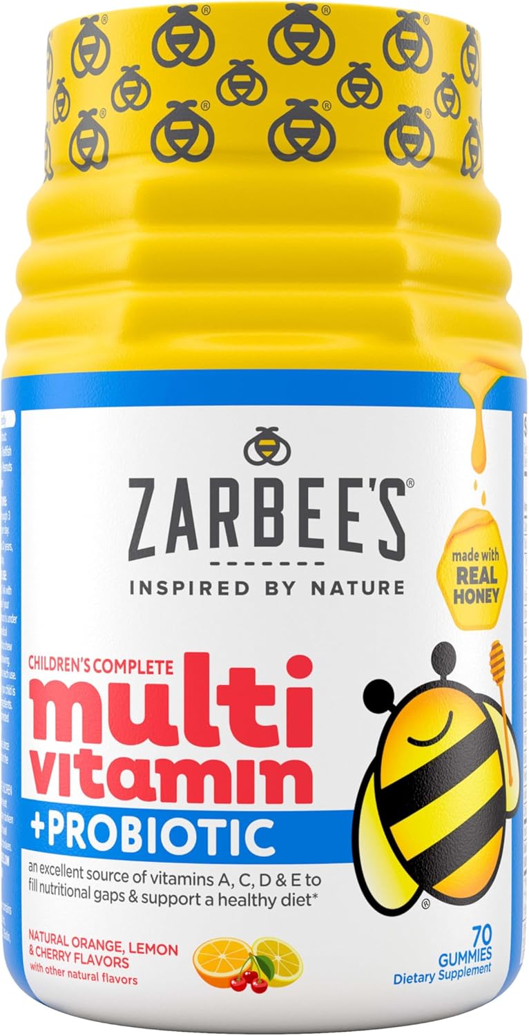 Zarbee's Kid's Complete Daily Multivitamin + Probiotic Gummies - 70 Count, Natural Fruit Flavors, Easy-To-Chew for Digestive Health