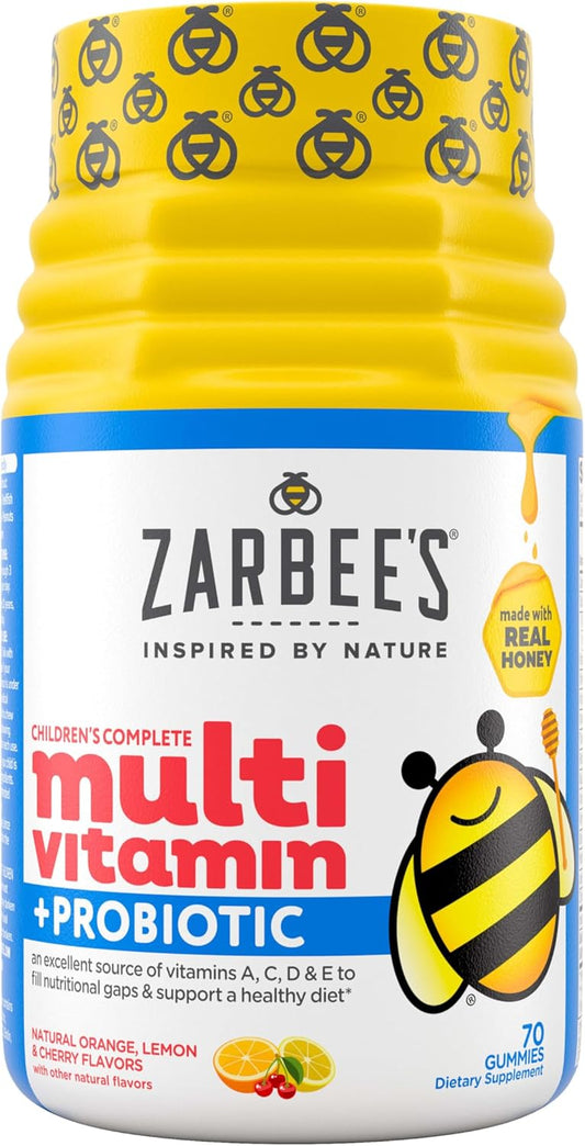 Zarbee's Kid's Complete Daily Multivitamin + Probiotic Gummies - 70 Count, Natural Fruit Flavors, Easy-To-Chew for Digestive Health