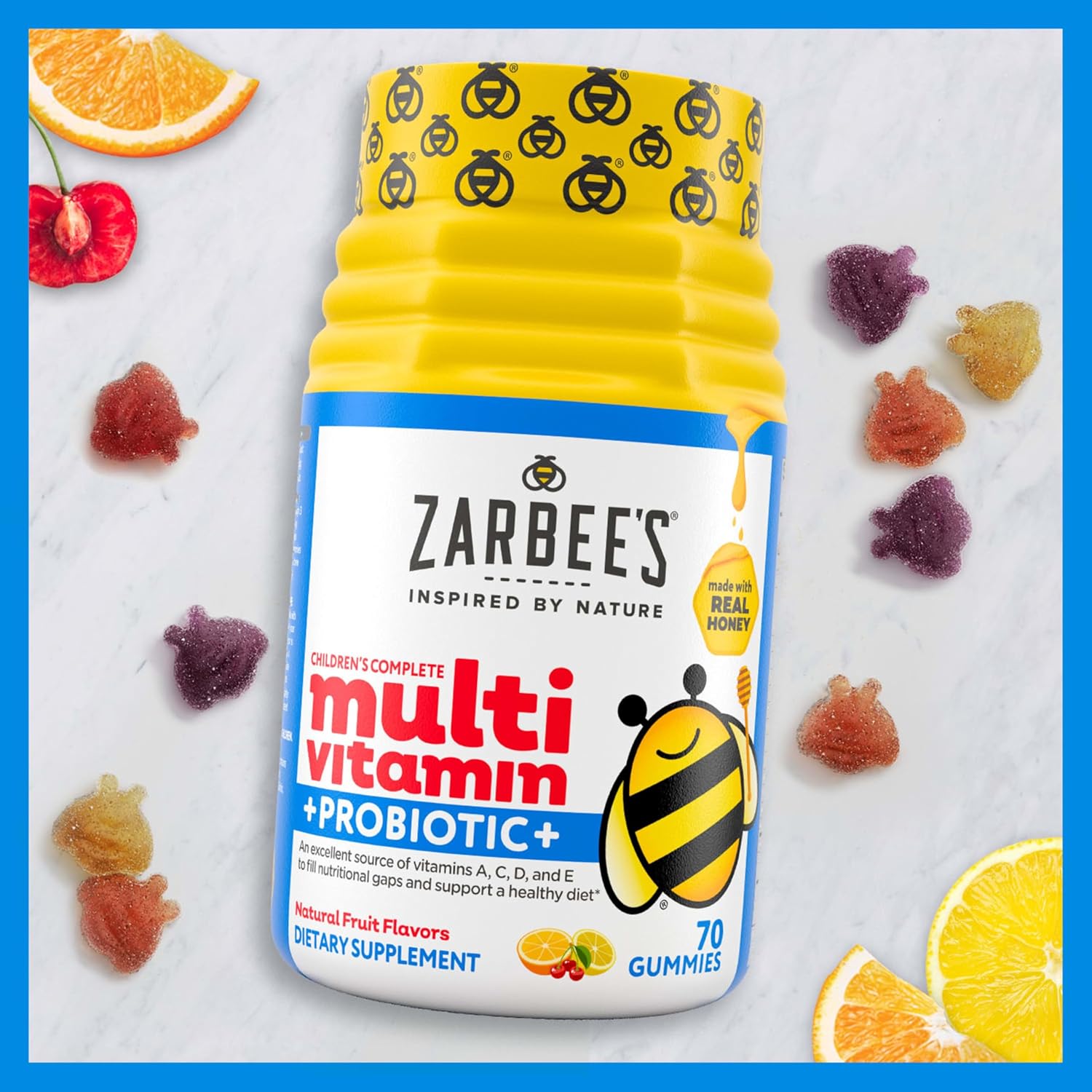 Zarbee's Kid's Complete Daily Multivitamin + Probiotic Gummies - 70 Count, Natural Fruit Flavors, Easy-To-Chew for Digestive Health