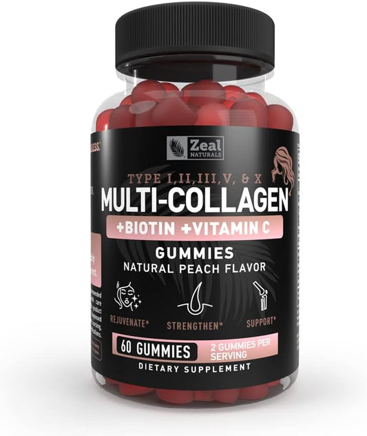 Zeal Naturals Multi Collagen Gummies with Vitamin C, Biotin, and Hyaluronic Acid - Peach Flavor - 60 Gummies