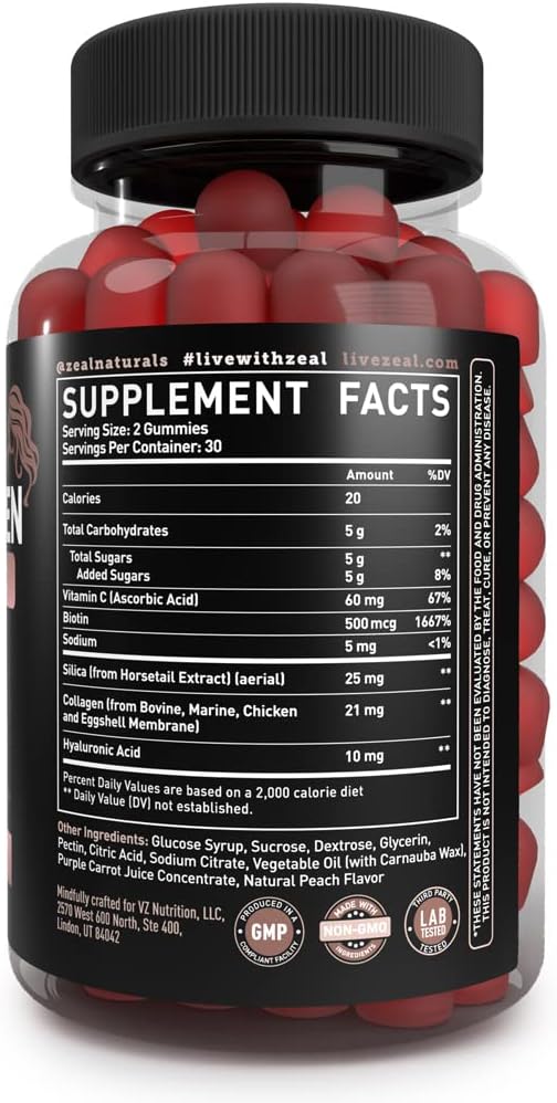 Zeal Naturals Multi Collagen Gummies with Vitamin C, Biotin, and Hyaluronic Acid - Peach Flavor - 60 Gummies