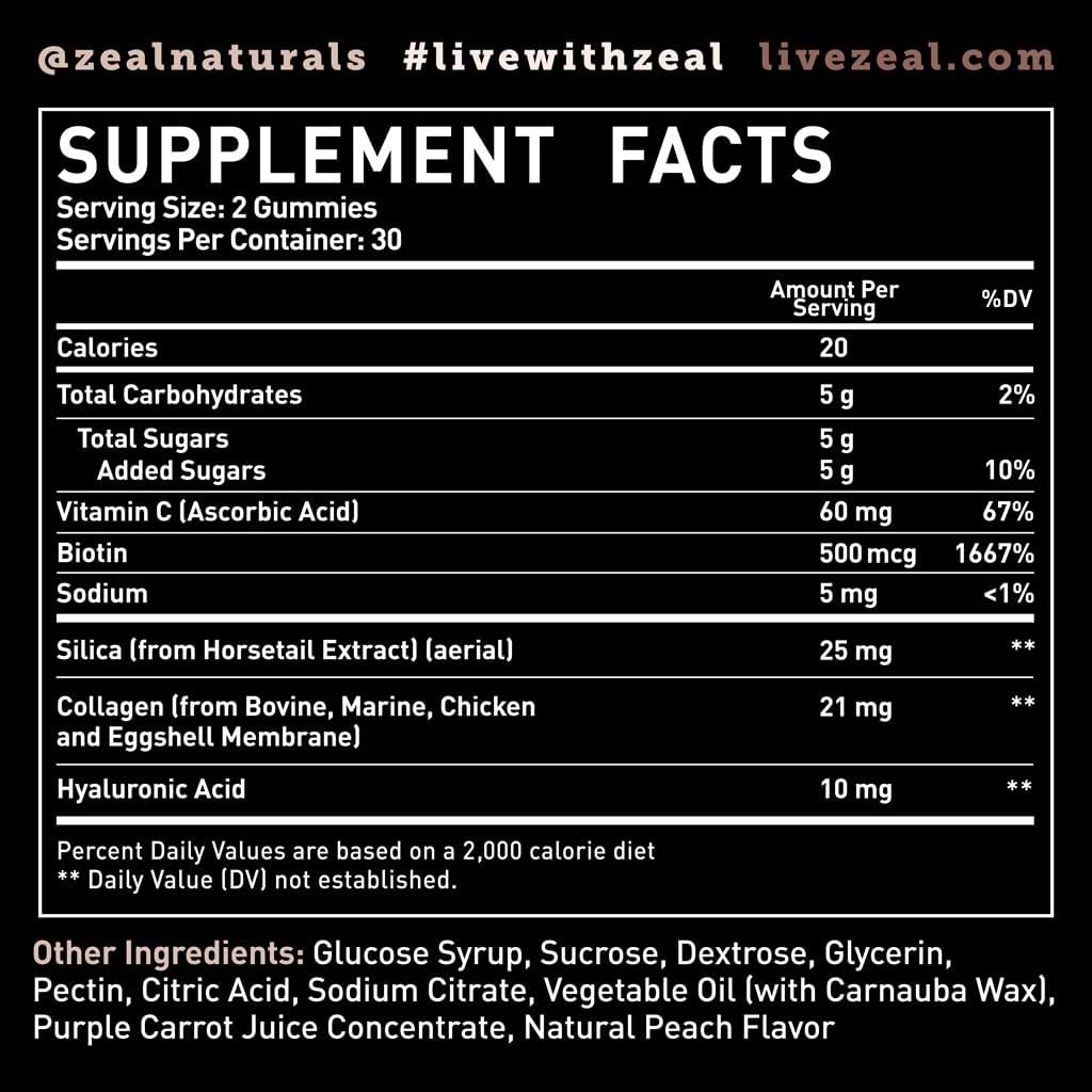 Zeal Naturals Multi Collagen Gummies with Vitamin C, Biotin, and Hyaluronic Acid - Peach Flavor - 60 Gummies