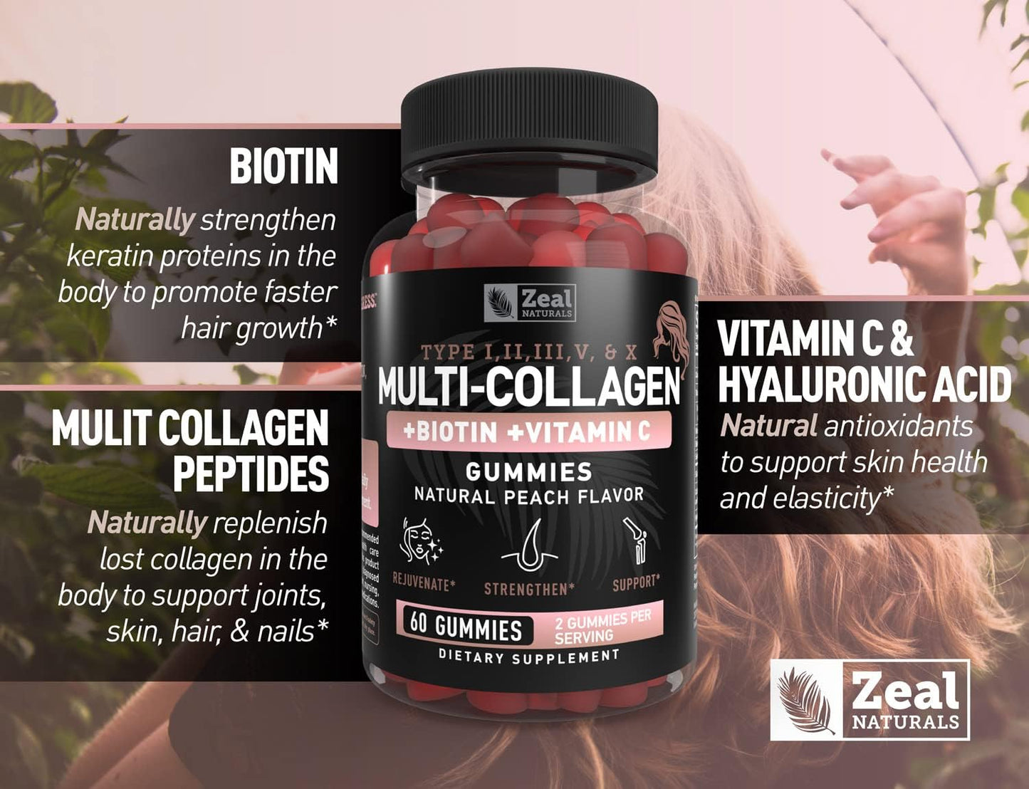Zeal Naturals Multi Collagen Gummies with Vitamin C, Biotin, and Hyaluronic Acid - Peach Flavor - 60 Gummies