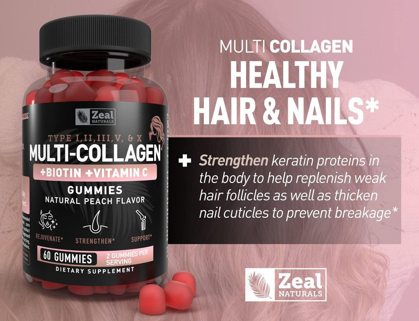 Zeal Naturals Multi Collagen Gummies with Vitamin C, Biotin, and Hyaluronic Acid - Peach Flavor - 60 Gummies