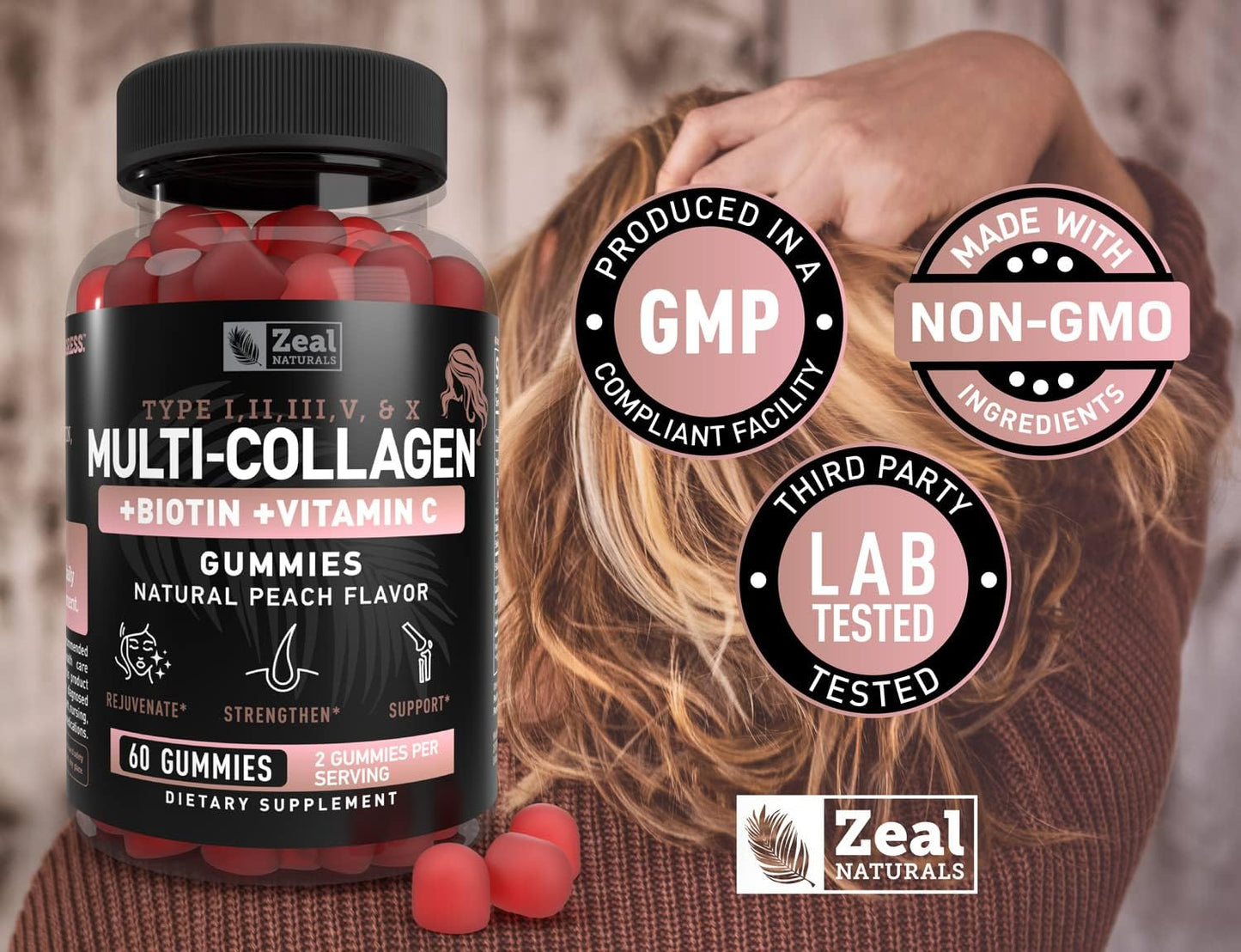 Zeal Naturals Multi Collagen Gummies with Vitamin C, Biotin, and Hyaluronic Acid - Peach Flavor - 60 Gummies