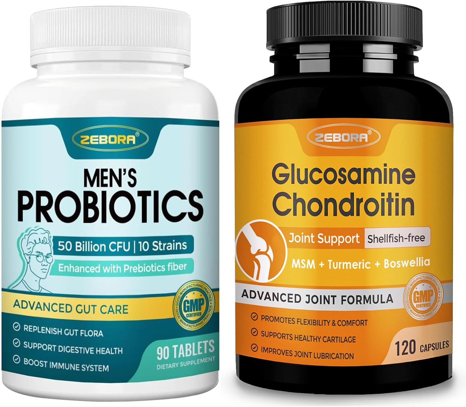 ZEBORA Probiotics for Men Digestive Health + Glucosamine Chondroitin MSM Supports - 50 Billion CFU + 1500mg Glucosamine