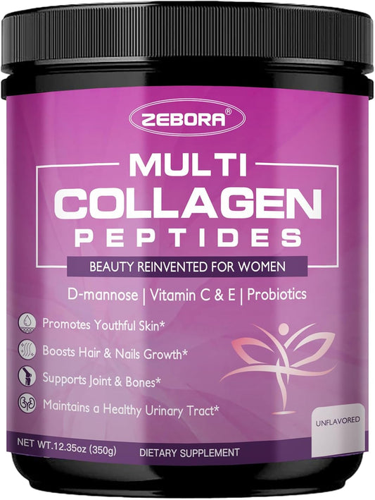 ZEBORA Women's Multi Collagen Peptides Powder with D-Mannose & Probiotics - Supports Skin, Hair, Nails, & Urinary Tract Health - Unflavored - 35 Servings