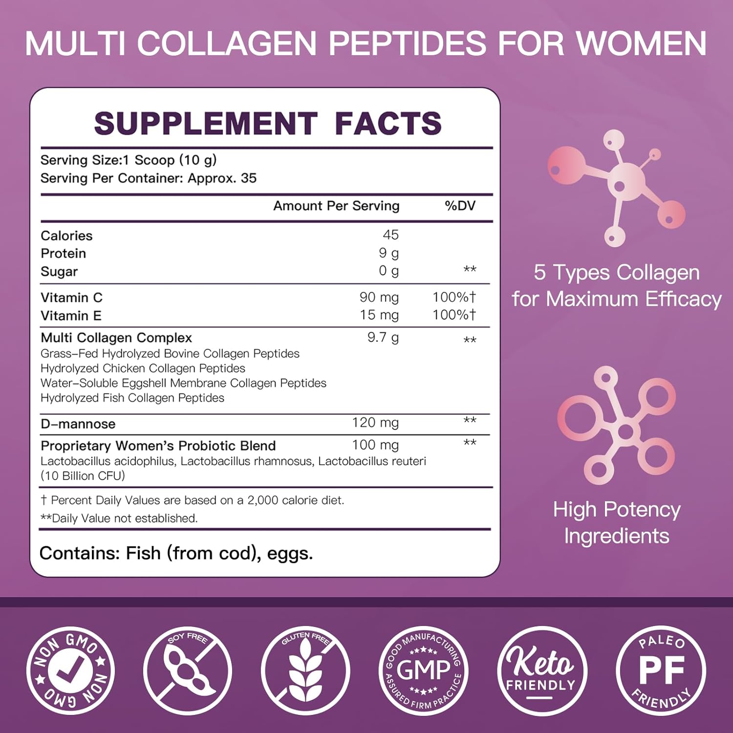 ZEBORA Women's Multi Collagen Peptides Powder with D-Mannose & Probiotics - Supports Skin, Hair, Nails, & Urinary Tract Health - Unflavored - 35 Servings