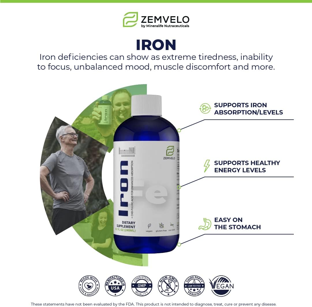 Zemvelo Liquid Ionic Iron Supplement for Iron Deficiency, Hormone & Energy Support, Healthy Muscles - 200 characters
