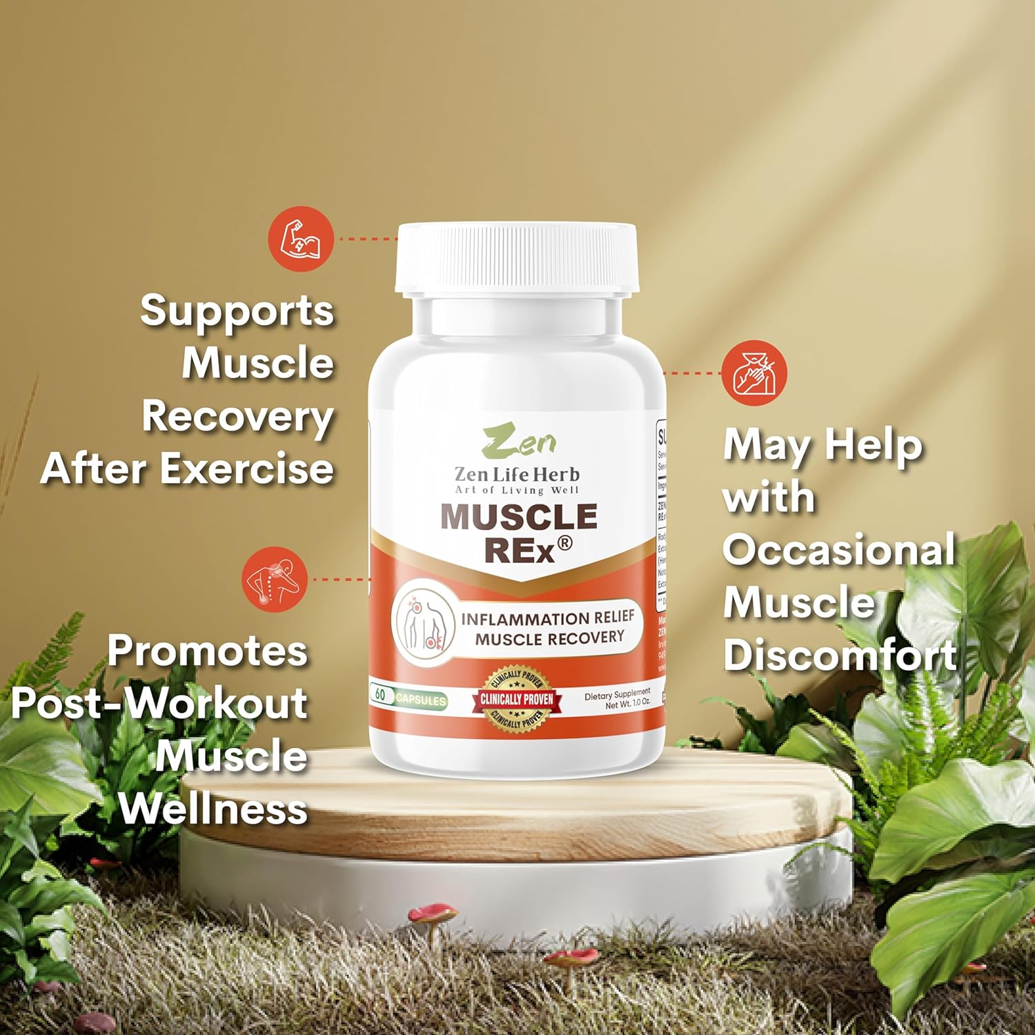ZEN LIFE HERB Muscle REx - Natural Plant-Based Supplement for Joint, Muscle, and Nerve Support - Relieve Aches and Discomfort (60 Capsules)
