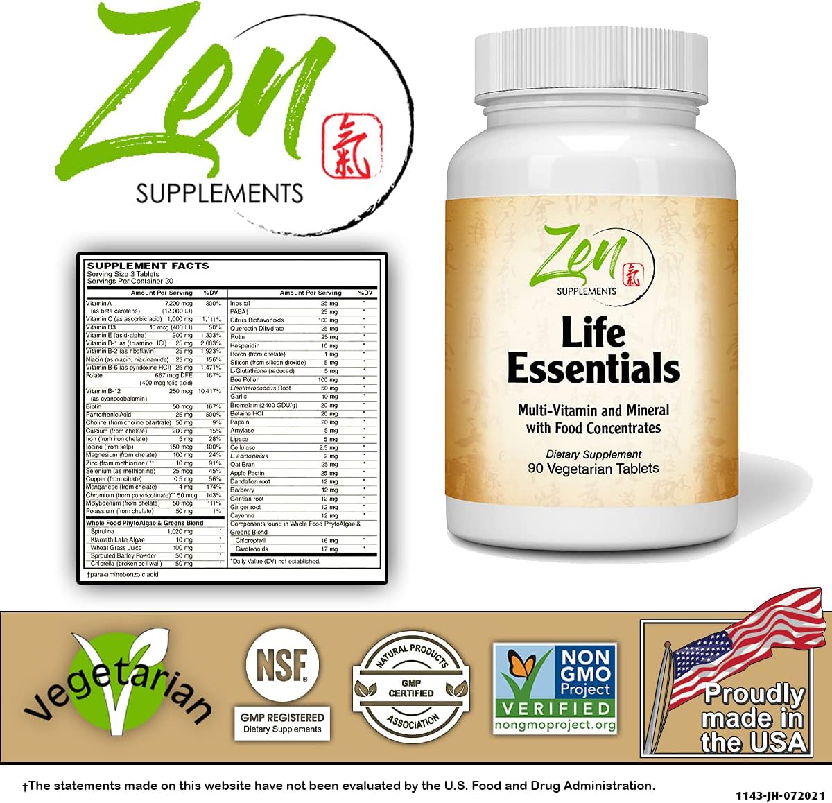 Zen Supplements Whole Food Life Essentials Multivitamin - Full-Spectrum Nutrients for Arthritis Pain Relief and Energy Boost - 90 Tablets